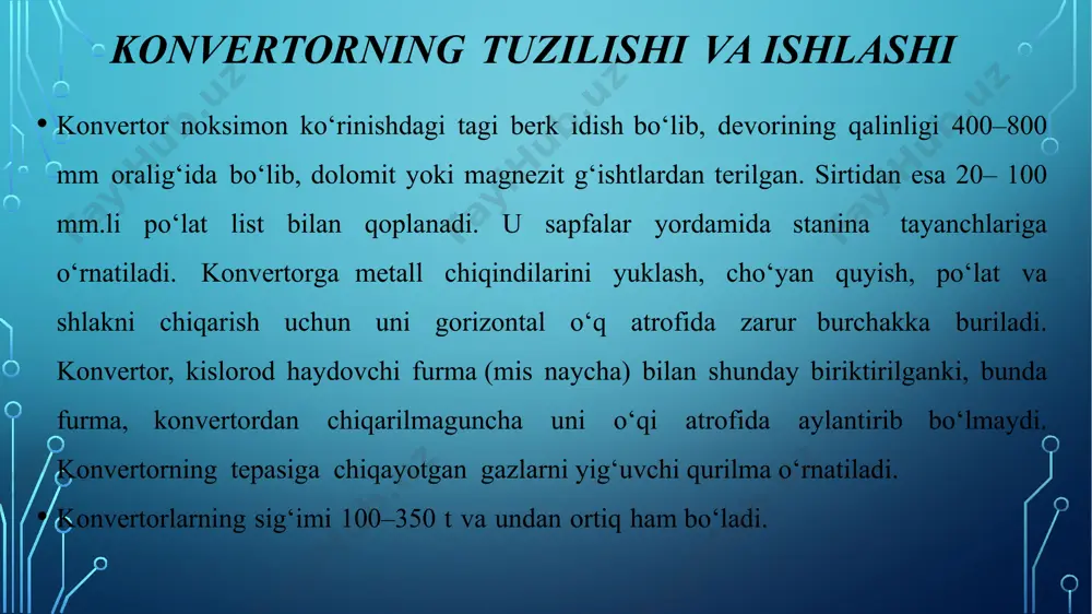 zavodlarida 250–500 t.li pechlar ko‘proq tarqalgan. ular tagligining o‘lchami 20x6 m2gacha yetadi. odatda, bu pechlarda 400–600 marta po‘lat olingandan keyin kapital ta’mir qilinadi. marten pechining sxemasi 1 – suyuqlantirilgan metall; 2 – shlak; 3 – pech shipi; 4 – pechning tubi; 5 – pechning orqa devori; 6 – pechning old devori; 7 – shixta kiritiladigan darchalar; 8 – gaz regeneratorlari; 9 – havo regeneratorlari; 10 – sirtqi ish sathi; 11, – pechga haydaluvchi havo kiritiladigan va yonish mahsulotlari chiqarib yuboriladigan kanallar; 12,12’ – pechga haydaluvchi gaz kiritiladigan va yonish mahsulotlari chiqarib yuboriladigan kanallar; 13 – klapan; 14 – mo‘r; 15 – suv bilan sovutib turiluvchi kislorod furmasi. po‘latlarni skrap-rudali usulda ishlab chiqarish bu usuldan domna pechlari bo‘lgan po‘lat ishlab chiqaruvchi kombinatlarda foydalaniladi, chunki bunda shixtaning 60– 75%i temir-tersak (skrap) chiqindilardan, qolgani suyuq cho‘yandan iborat bo‘ladi. bu pechlarda, avvalo, ma’lum miqdorda temir ruda, ohaktosh, keyin metall chiqindilar pechning oldi devoridagi yuklash …