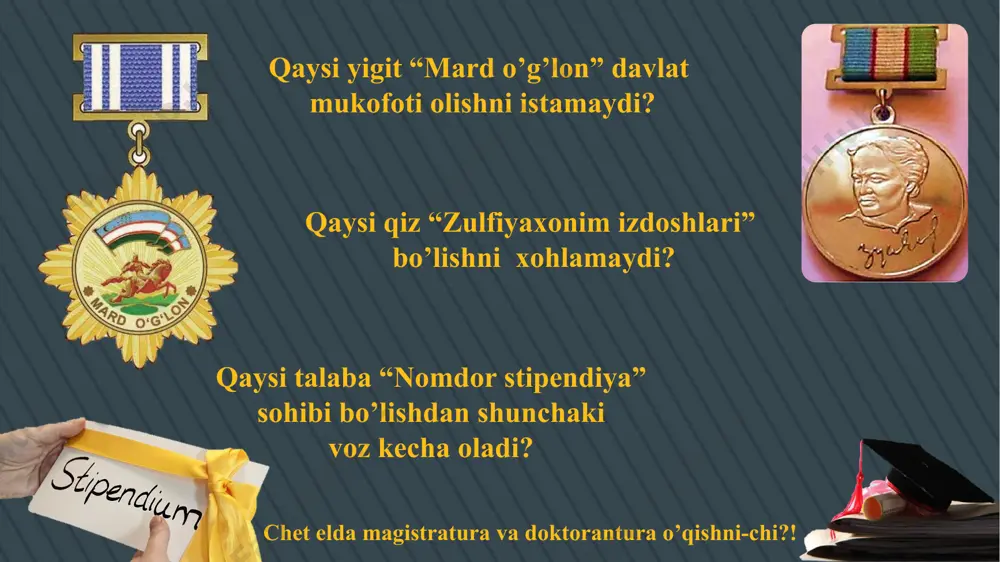 sh o’z ustida ishlash ro’yxatdan o’tish bu bosqichda har bir talaba so’ragan ma’lumotlar kiritish orqali o’z shaxsiy kabinetini yaratadi. ma’lumotlar jadvali bu jadfval bo’limlar deb ataluvchi kategoriyalarga ajratiladi. o’z ustida ishlash har bir foydalanuvchi bilim va ko’nikmalarga ega bo’ladi loyihaning funksionalligi talabalar natija o’rganish jarayoni: har bir talaba alohida login va parol yordamida ro’yxatdan o’tadi. o’z shaxsiy kabinetini yaratadi. shaxsiy kabinetidagi ma’lumoti asosida talaba uchun muhim bo’lgan yangiliklar berib boriladi. qolgan bo’limlarda o’z ilmiy salohiyatini oshirib boradi. natijada mustaqil ilmiy izlanuvchiga aylanadi bo’limlar 1. yangiliklar bo’limi 2. o’z ustida ishlash bo’limi 6. unlibrary 5. ta’lim veb-saytlari 3 . ilmiy jurnal va konferensiyalar 4. xalqaro va davlat stipendiyalari 7. motivatsion burchak ta’lim veb-saytlari talabalar uchun eng yaxshi ta’lim veb-saytlari talabalar uchun tadqiqot veb-saytlari talabalar uchun taqdimot veb-saytlari talabalar uchun interaktiv veb-saytlar talabalar uchun viktorina veb-saytlar 01 03 05 04 02 edx, udemy, alison, coursera, khan academy google scholar, google books, microsoft …