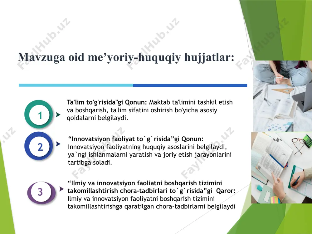 li boshqaruv tizimlarini joriy etish – maktablarning boshqaruv tizimida tajriba almashish va hamkorlikni rivojlantirish. . muammo amalga oshirish mexanizmi mas’ullar muddati natija 1 maktablarni boshqarishda innovatsion metodlarning yetarlicha qo'llanilmasligi va an'anaviy usullarga suyanish. boshqaruvchi rahbarlar uchun innovatsion pedagogik metodlar bo'yicha treninglar o'tkazish. maktab rahbarlari o’quv yili davomida, rejaga muvofiq rahbarlarning innovatsion metodlarni qo'llash qobiliyati oshadi. 2 boshqaruv jarayonida o’qituvchilarning faol ishtiroki kamligi. o’qituvchi va xodimlarning boshqaruv jarayonida ishtirokini bosqichma bosqich oshirib borish maktab rahbarlari o’quv yili davomida o’qituvchi va xodimlarda boshqaruvchilik qobiliyati ortadi va o’z o’zini boshqarish mexanizmi shakllanadi 3 ta'lim jarayonida natijalarni baholashning an'anaviy usullari. o'quvchilarning loyihalari va natijalarini ko'rgazma shaklida namoyish etish. maktab rahbarlari har chorakda ta'lim sifatining oshishi va o'quvchilar bilimini baholashda samaradorlik yaxshilanadi. chora-tadbirlar rejasi e’tiboringiz uchun rahmat! image1.png image2.png image3.jpeg image4.jpeg image5.jpeg image6.png image7.svg image8.png image9.png image10.png image11.png image12.svg image13.png image14.svg image22.svg image15.png image16.svg image17.png image18.svg image19.png image20.svg image21.png image23.png image24.png image25.png /docprops/thumbnail.jpeg