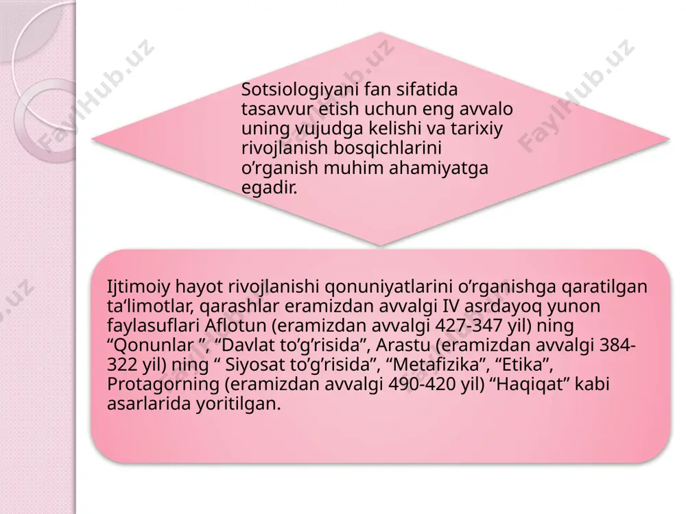 a haqiqatni sevadigan, yolg’on va yolg’onchilarni yomon ko’radigan, oliyhimmat bo’lishi, oliy ishlarga intilishi zarur; 4. mol – dunyo ketidan quvmaydigan; 5. tabiatan adolatparvar, iste‘dod va jabr-zulmni yomon ko’ruvchi, sabotli, jur‘atli, jasur bo’lishi, qo’rqoqlik va xadiksirashlarga yo’l qo’ymasligi kabi xislatlar kiradi. “madaniy jamiyat va madaniy shahar shunday bo’ladiki, shu mamlakatning aholisidan bo’lgan har bir odam kasb - hunarda ozod, hammaga baravar bo’ladi, kishilar o’rtasida farq bo’lmaydi, har kim o’zi ozod bo’ladilar” - kabi fikrlari farobiyning jamiyat hayotini chuqur tahlil qilganligidan dalolat beradi. abu rayhon beruniy o’zining “qadimgi xalqlardan qolgan yodgorliklar”, “minerologiya”, “hindiston” asarlarida ijtimoiy hayot masalalarini yoritgan. “mineralogiya” asarining muqaddimasida inson va uning ijtimoiy adolat to’g’risidagi qimmatli fikrlarni bayon etgan. beruniy o’z davrining etnosotsiologi ham edi. “qadimgi xalqlardan qolgan yodgorliklar” asarida turli xalqlar: forslar, yunonlar, yahudiylar, xristian molikiylar va xristian nasturiylar, majusiylar, sobitlar, budparast arablar, musulmon arablar, turklar to’g’risida qimmatli ma‘lumotlar yozib qoldirgan. zahriddin muhammad bobur ham “boburnoma” asarida o’z davri …
