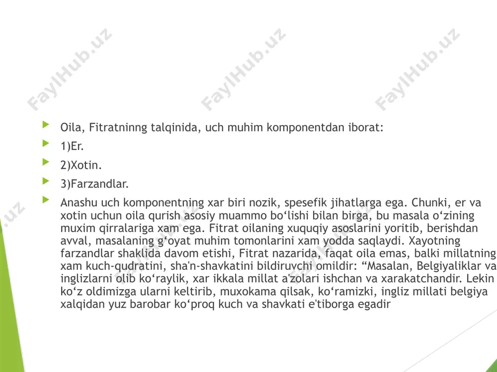 еч ҳаракат қилмайдилар, балки бу дунё саодатини кофирларга хос деб биладилар, бошқача қилиб айтганда, дунёни кофирлар жаннатию мусулмонлар дўзахи деб биладилар. булар ҳам инсонийлик вазифасини, башарият яратилишининг ҳикматини идрок қилмаганлар, уларнинг фикри ҳам илоҳий ҳукмга тўғри келмайди. икки дунё саодатини талаб қилган инсонгина комил мусулмондир. худованди ҳаким ҳам икки дунё саодатини талаб қилганларни мадҳ этиб, «бақара» сурасида буюрган: «баъзи одамлар, эй худо, мени дунё ва охират саодатига етказиб, дўзах азобидан нажот бергин, деб дуо қиладилар. бу одамлар ўз касбларига яраша, яъни амалига мувофиқ насиба оладилар, худо сариъ ул-ҳисобдир»46. бу ояти каримада баъзи дақиқ ишоралар ва нозик нуқталар мавжудки, уларнинг зикри фойдадан холи эмасдир. масалан, худованди карим шу оятда жамоани дуо қилиб, «нимаики талаб қилсалар, топадилар» демасдан, балки «ўзларининг саъй-ҳаракатлари эвазига топадилар» деган. eʼtiboringiz uchun rahmat!!!!! image1.jpeg image2.jpeg image3.jpeg image4.jpeg image5.jpeg image6.jpeg image7.jpeg image8.jpeg image9.jpeg /docprops/thumbnail.jpeg