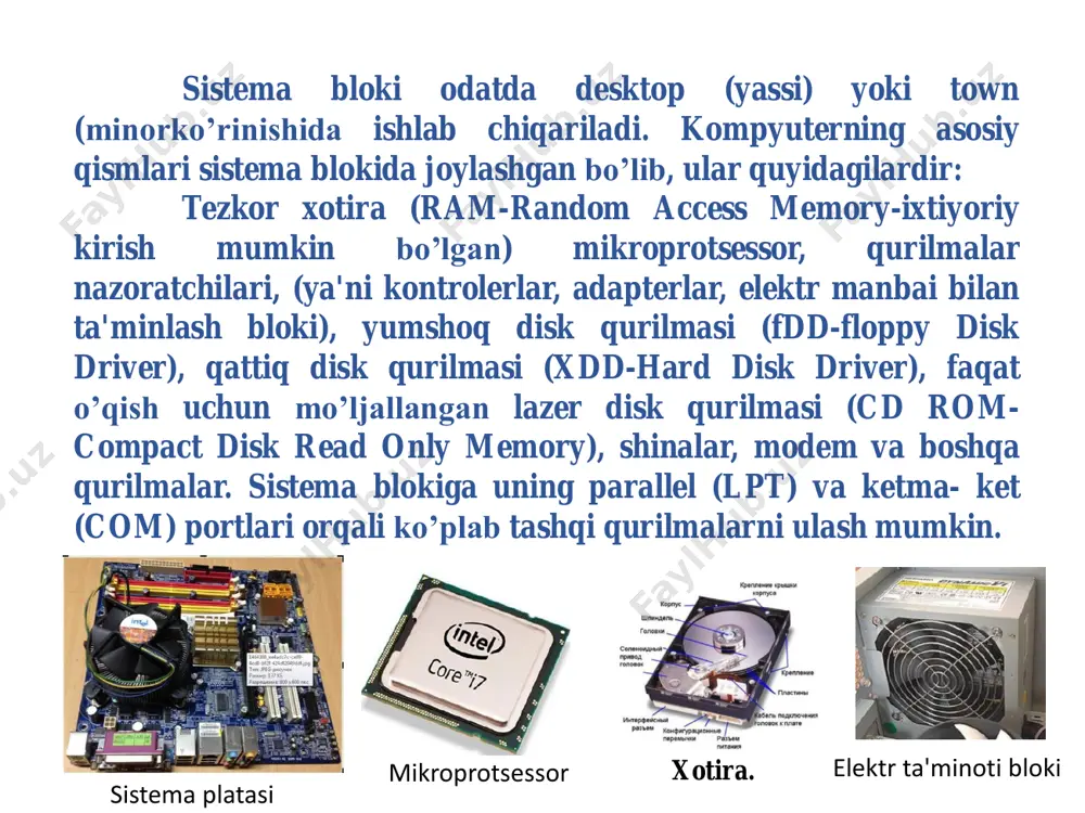 torlardagi videomonitorlar suyuq kristalli indikatorlardagi monitorlar (ski, lcd - liquid cristal display) - bu raqamli tekis monitorlardir. bu monitorlar maxsus, me'yoriy (normal) sharoitlarda shaffof suyuqlikni ishlatadi, bu suyuqlik aniq bir elektrostatik maydon kuchlanganligida kristallanadi, bunda uning shaffofligi qutblanish va yorug'lik nurlarining sinish koeffitsientlari o'zgaradi. ana shu effektlar tasvirni shakllantirish uchun ishlatiladi. tuzulish jihatdan bunday displey ikkita elektr o'tkazuvchan shisha plastina ko'rinishda bajarilgan bo'lib, ularning orasiga ana shunday kristallanadigan suyuqdikning juda yupqa qatlami joylashtiriladi. bunday ekranlarni orqa yoki yon tomondan yoritish uchun yoruyutik manbai sifatida, odatda, sovuq katodli flyuorescent lampalar yoki elektrolyuninescentli panellar ishlatiladi. klaviatura va sichqoncha 1 premexanik (insonlar oʼrtasidagi ilk muloqot) 2 mexanik (muloqo t o’rnatishda qurilmalard an foydalanish) 3 elektromexa nik (mikro- sxemalarning paydo boʼlishi) 4 elektron (hozirgi davr texnologiyala ri) klaviatura va sichqoncha ma'lum ma'noda bir- birining o’rnini bosadigan, ma'lumotlarni kiritadigan va kompyuter bilan muloqot qilish vazifasini o’taydigan qurilmalardirlar. ularsiz kompyuterda xususan, operatsion sistemasida ishlab bo’lmaydi. ular …