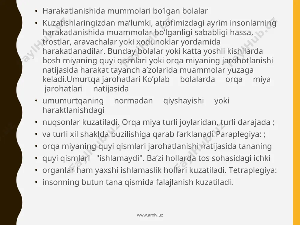 ida alaliya spastik diplegiya-bu eng ko’p tarqalgan shakli bo’lib, u ma’lum bir og’ir kasllik yoki littal sindromining ta’sirida kelib chiqadi. spastik dipligiya shaklidagi bolalarda ikkilamchi nuqson sifatida ruhiy rivojlanishda sustlashish kuzatiladi. bu shaldagi bolalarning 30-35%i yengil darajadagi aqli zaiflik, 70%ida esa nutq nuqsonlari kuzatiladi. spastik dipligiya turidagi falaj bolalarning oyoqlari qo’llariga nisbatan ko’proq falajlik ta’siri ostida bo’lib, qo’llar bir oz beo’xshov harakatlanadi. oyoqlar bir biriga yopishgan va ichkariga qaragan holatda bo’lishi kuzatiladi. (nutqning yo’qligi) yoki ogir dizartriya (nutqning buzilishi) kuzatiladi. gemiparetik shaklida bir tomonlama falajlik kuzatiladi. ya’ni bolaning bir tomonlama oyog’i va qo’li falajlanadi. bu bolalarning 25-35% yengil darajadagi ruhiy sustlashish, 45-50% ikkilamcha ruhiy sustlashish, 20-35% ida nutq nuqsonlari kuzatiladi. bu bolalarda harakatlanishdagi g’ayri oddiy harakatlar, qo’l va oyoqni harakatlanishdagi buzilishlar kuzatiladi. bolalar serebral falajligining giperkinetik shaklining tug’ma turida bolalar juda kech o’tiradilar, kamdan-kam hollarda 2-3 yoshidan boshlab yura boshlaydilar, ko’p hollarda ular 4-7 yoshidan boshlab, hatto 9-12 yoshlarida mustaqil …