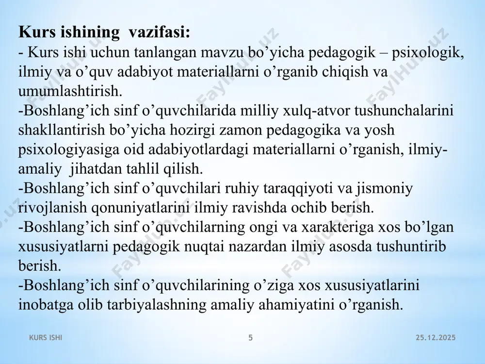 q-atvor tushunchalarini tarkib toptirish. o’zbekiston respublikasining istiqlol erishuvi hamda o’z mustaqil siyosiy, iqtisodiy va ijtimoiy yo’liga ega bo’lishi, xalq xo’jaligining turli sohalarida, jumladan xalq ta’limi tizimida ham o’sib kelayotgan yosh avlod ta’lim-tarbiyasi bilan bog’liq jarayonini qayta ko’rib chiqishni taqazo etmoqda. hozirgi paytda, fan va madaniyatimizning eng so’nggi yutuqlari asosida kelajagimiz bo’lgan yosh avlodni hayotga tayyorlashning samarali shakl va uslublarini izlash nihoyatda zarurdir. o’zbekiston respublikasi birinchi prezidentining «ma’naviyat va ma’rifat jamoatchilik markazi faoliyatini yanada takomillashtirish va samaradorligini oshirish to’g’risida»gi farmonida ko’rsatilganidek, jamiyatda yuksak ma’naviy fazilatlarni kamol toptirish, milliy mafkurani shakllantirish, yoshlarni boy madaniy merosimiz, tarixiy an’analarimizga, umuminsoniy qadriyatlarga hurmat, vatanga muhabbat, istiqlol g’oyalariga sadoqat ruhida tarbiyalash mamlakatimizda amalga oshirilayotgan barcha islohotlarning hal qiluvchi omilidir. 12.03.2023 kurs ishi 12 xulosa kurs ishimizning asosiy mazmuni bu o’qituvchiga ham qaratildi. tarbiyaviy ishlarni to’g’ri tashkil qilishda beriladigan nazariy bilimlarni o’quvchilar qalbiga yetkazish ularni kundalik ehtiyojiga aylantirish uchun o’qituvchi quyidagi ish usullariga e’tibor berish lozim. asosiy …