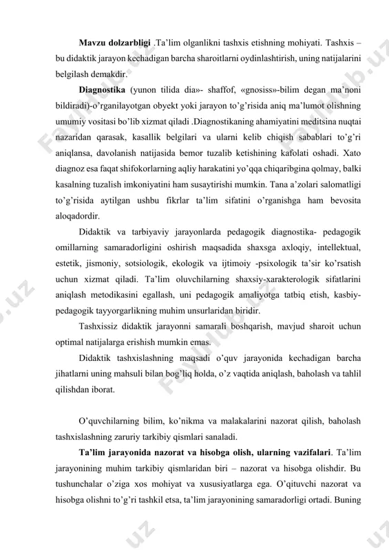 iali mazmuni, murakkabligi, o’quvchilarning yoshi va tayyorgarligi, ta’lim bosqichi va maqsadlari, muayyan pedagogik sharoitlarga bog’liq bo’ladi. takroriy tekshirish bilim, ko’nikma va malakalarni tekshirishning uchinchi bo’g’ini sanalib, joriy tekshirish kabi mavzuli bo’lishi mumkin. yangi mavzuni o’rganish bilan birga o’quvchilar avval o’rganilganlarni takrorlaydilar. takroriy tekshirish bilimlarni mustahkamlashga ko’maklashadi, biroq o’quv ishlari bosqichini tavsiflash, bilimlarni o’zlashtirish mustahkamligi darajasini tashxislash imkonini bermaydi. ushbu tekshirish tashxisning boshqa turlari va metodlari bilan birga qo’llanilsagina kutilgan samarani beradi. tizimning to’rtinchi bo’g’ini o’quvchilarning bilim, ko’nikma va malakalarini yaxlit bo’lim yoki kursning alohida mavzusi bo’yicha davriy tekshirish hisoblanadi. mazkur tekshirishning maqsadi – kursning turli qismlarida o’rganilgan o’quv materialining strukturaviy elementlari o’rtasidagi o’zaro aloqalarni o’zlashtirish sifatini tashxislash. davriy tekshirishning asosiy vazifasi – tizimlashtirish va umumlashtirish. tekshirishni tashkil etishda beshinchi bo’g’in ta’lim oluvchilarning ta’lim jarayonining barcha bosqichlarida egallangan bilim, ko’nikma va malakalarini yakuniy tekshirish va hisobga olishdir. o’zlashtirishning yakuniy hisobi har bir chorak va o’quv yili oxirida o’tkaziladi. u olingan baholarni …