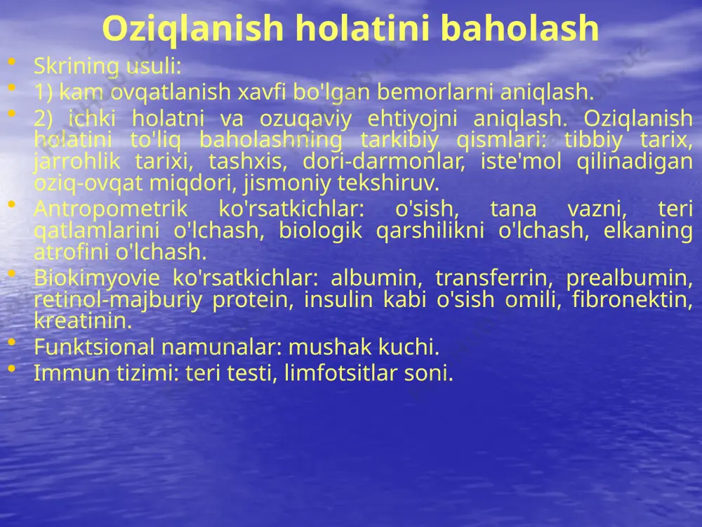ichiga oladi, erkin suyuq 1,8-2,2 l oziq-ovqat harorati 45°c dan yuqori bo'lmagan bilan oziq-ovqat, bir vaqtning o'zida ko'pi 200-300 g hajmi bilan kuniga bir marta 7-8 iste'mol. ruxsat yog'siz go'sht suvi, sariyog', berry jele, filtri kompot, shakar bilan kestirib, infuzion, yangi tayyorlangan meva va berry sharbatlari, limon bilan choy qo'shilishi bilan guruch bulyon. 2-3 kundan so'ng, holatni yaxshilashda yumshoq qaynatilgan tuxum, 50 ml krem qo'shing. zich va pyureidli idishlarni, gazlangan ichimliklarni, butun sutni ta’qiqlang. n0-b diyetasi n2-a dan keyingi 4-0 kunida belgilanadi. bundan tashqari, go'sht suvi yoki suvda pishirilgan jo'xori, grechka va guruchdan tayyorlangan suyuq pyuresi, sabzavotli bulonda shilliq donli sho'rvalar, bug 'oqsili omlet, bug' sufle yoki kam yog'li baliq yoki go'sht pyuresi. oziq-ovqat kuniga bir marta 350-400 g dan ortiq emas. n0-b diyetasi avvalgi diyetaning davomi bo'lib, fiziologik jihatdan to'liq ovqatlanish uchun silliq o'tishga xizmat qiladi. bu parhez o'z ichiga oladi-krem va osh pyuresi, pyuresi qaynatilgan go'sht, tovuq yoki …