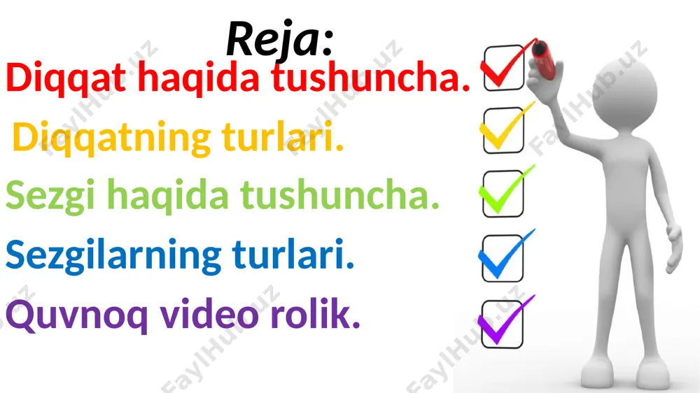 i turlarga bo’linadi. diqqatning aktivligiga qarab - ixtiyorsiz, ixtiyoriy va ixtiyoriydan so’nggi diqqat. diqqatning turlari. ixtiyoriy diqqat deb-oldindan belgilangan qat'iy bir maqsad asosida va ongli ravishda diqqatimizni ma'lum bir narsa va hodisalarga qaratishimizga aytiladi. diqqatning turlari. ixtiyorsiz diqqat deb to’satdan ta'sir qilgan biror sabab tufayli bizning hohishimizdan tashqari hosil bo’ladigan diqqatga aytiladi. diqqatning turlari. agar maqsadga qaratilgan faoliyatda shaxs uchun diqqatning ixtiyoriy to’planganidagi kabi faqat faoliyat natijasi emas, balki uning mazmuni va jarayonning o’zi qiziqarli va ahamiyatli bo’lsa ixtiyoriydan so’nggi diqqat deb tushunish mumkin. sezgi o'zi nima? 🤔 sezgi deb, atrofimizdagi narsa va hodisalarning sezgi azolarimizga bevosita tasir etishi natijasida ularning ayrim belgi va hususiyatlarini miyamizda aks ettirilishini aytamiz. sezuvchi apparat, yani analizatorning mavjud bolishi. sezgilarning nerv fiziologik asosini i.p.pavlov tabiri bilan aytganda analizator apparati tashkil etadi. ekstroretseptiv sezgilar proprioretseptiv sezgilar proprioretseptiv sezgilar tanamiz va gavdamizning holati hamda harakatlari haqida malumot (ahborot, habar) beruvchi muskullarda, bog`lovchi paylarda, mushaklarda joylashgan sezgilar; …