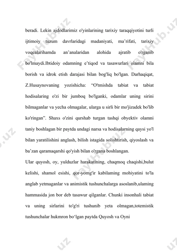 insoniyat beshigi deb hisoblaydilar. o'zbskiston hududida eng qadimgi odamlar manzilgohi farg'ona vodiysidagi seleng'ur g'or makoni bo'lib, bu ilk paleolit davriga mansubdir.mamlakatimiz janubidagi mo'tadil iqlim va atrof-muhit bu yerda juda qadimdan insonning yashashi hamda tirikchilik qilishi uchun qulay manzilgohlar bo‘lganligini tasdiqlaydi. surxondaiyo viloyatidagi boysuntog* va ko'hitang tog‘larida mavjud g‘or va o‘ngirlar ibtidoiy davr odamlari uchun makon vazifasini o'tagan. viloyat hududidagi eng qadimgi makon — neandertal odamning manzilgohi — boysun tog‘idagi teshiktosh g'ori bo'lib, o‘rta tosh (muste) davriga oiddir.ibtidoiy odamlarning yowoyi hayvonlami xonakilashtirish jarayoni ham aynan ana shu davrda sodir bo‘lgan. machay g‘oridan topilgan toshdan yasalgan mehnat qurollari, tayyorlanishi va shakllari bilan 0 ‘rta osiyodagi boshqa mezolit davri manzilgohlarida topilgan qurollardan bir muncha farq qiladi.0‘rta tosh asr ibtidoiy odamlar tasawurlari va e’tiqdlarida keskin o'zgarish yuz bergan davr hisoblanadi. bu jarayonni 0 ‘rta osiyoning eng qadimgi rang-tasvirlaridan bo‘lmish ko‘hitangdagi zarautsoy suratlarida kuzatish mumkin. zarautsoyda tabiat hosil qilgan ayvonga o‘xshash joy qismida va g‘or …