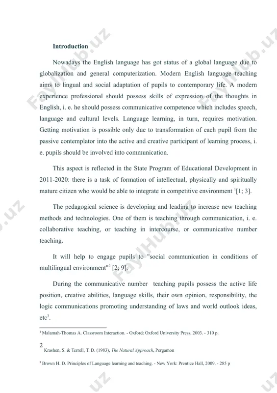 ch to the teaching of second and foreign languages that emphasizes interaction as both the means and the ultimate goal of learning a language. it is also referred to as "communicative approach to the teaching of foreign languages”, "communication-oriented teaching” or simply the "communicative approach”. "communicative" is a word which has dominated discussions of teaching methodology for many years. although in a monolingual english language classroom, real communication in english is impossible, in communicative methodology we try to be more communicative. that is to say, even though it may be impossible to achieve real communication, we should attempt to get closer to real communication in classrooms [5; 16]. communicative approach to language teaching first appeared in print in the field of the english language teaching (elt) some decades ago. communicative language teaching began in britain in the 1960s as a replacement to the earlier structural method, called "situational language teaching”. …