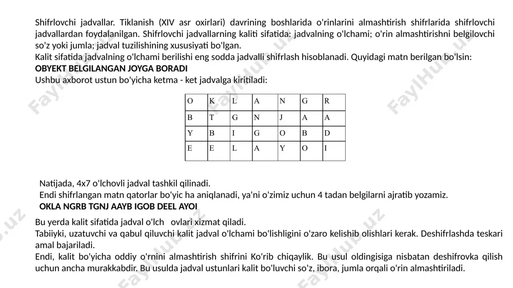iz. shuni e'tiborga olish kerakki, agar qatorda ketma-ket ikkita bir xil harf kelsa, chap tarafdan kelayotgan harf birinchi raqamlanadi, keyin esa ikkinchisi raqamlanadi va shifrlangan matn hosil qilinadi. natijada quyidagi shifrlangan matn hosil bo'ladi: vaik rtxu isni ieic nhgn davn duao atar shifrlangan matnning ochilishini yanada murakkablashtirish uchun u qaytadan shifrlanishi mumkin. bu usul ikki tomonlama o 'rin almashtirish shifri deyiladi. bu usulda kalit sifatida ustun va qatordagi harflar tartibidagi sonlardan foydalaniladi. avvalam bor kalit simvollariga qarab jadval tuziladi va ochiq matn joylashtirilib chiqiladi. so'ngra raqamlar navbatma-navbat tartiblanib, avval ustun, keyin qatorlar o'rni almashtiriladi va jadvaldagi ma'lumot qator bo'yicha o'qilib, shifrlangan matnga ega bo'linadi. masalan: «obyekt bugun kasal» ochiq matni shifrlash talab etilsin. bu yerda kalit bo'lib 1342 va 2341 xizmat qiladi. 4x4 jadval yaratib, ochiq matn qator bo'yicha yoziladi: 2 3 4 1 1 o b y e 3 k t b u 4 g u n k 2 …