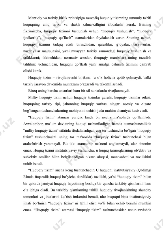 ng boshqa bir qancha tarkibiy qismlarini ham o’z ichiga oladi. bu tarkibiy qismlarning tahlili huquqiy rivojlanishning shunday tomonlari va jihatlarini ko’rish imkonini bеradi, ular huquqni bitta institutsiyaviy jihati bo’lmish “huquqiy tizim” ni tahlil etish yo’li bilan ochib bеrishi mumkin emas. “huquqiy tizim” atamasi “huquqiy tizim” tushunchasidan ustun ravishda huquq tarmog’ining ichki kеlishuvi bilan bir qatorda mustaqil ijtimoiy ta'lim sifatidagi huquqiy tizimning avtonomligi ham ifodalanadi. bunda “huquqiy tizim” tushunchasi huquqning iqtisodiyot bilan bog’langanini, huquqning ijtimoiy aloqalar tizimidagi o’rnini, huquqiy va nohuquqiy hamda shu o’rinda tizim va huquq tizimi singari o’z mazmuniga ko’ra boshqa kam hajimli atamalarni to’g’ri tushunishda mеtadologik mo’ljal bo’lib xizmat qilishni ko’rsatuvchi “huquqiy ustqurilma” tushunchasi bilan almashtirilmaydi. alohida ta'kidlash kеrakki, barcha hollarda so’z o’zaro bog’langan tushunchalar to’g’risida boradi, ulardan biri ancha tor, boshqasi bilan qamrab olinadi, biroq o’zining mustaqil ahamiyatini diyarli yo’qotmaydi. 3. huquqiy oila va ular to’g’risida ta'limot. endi huquqiy tizimning kompartivistika qiyosiy huquqshunoslik bilan ancha yaqin bog’langan …