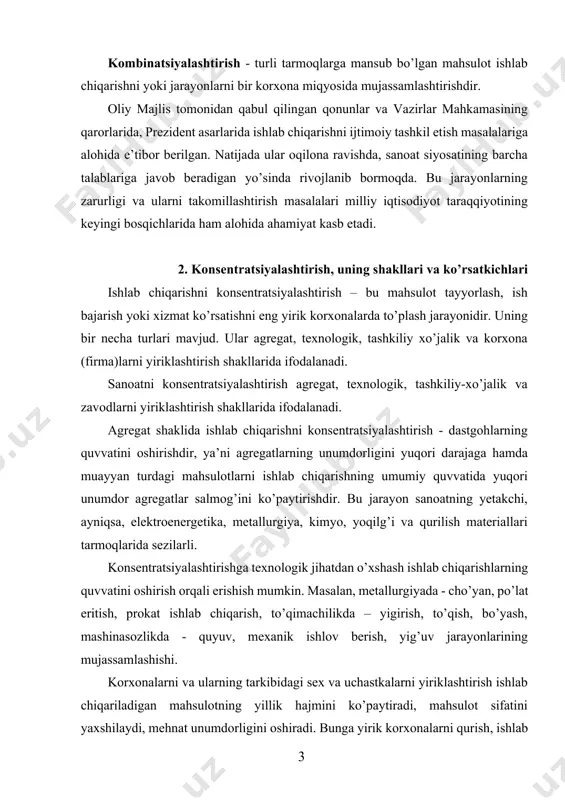 sex va uchastkalarni yiriklashtirish ishlab chiqariladigan mahsulotning yillik hajmini ko’paytiradi, mahsulot sifatini yaxshilaydi, mehnat unumdorligini oshiradi. bunga yirik korxonalarni qurish, ishlab turgan korxonalarni qayta qurollantirish, kengaytirish, birlashmalarni tuzish yo’li bilan erishiladi. iqtisodiy rayonlarning industrial rivojlanish darajasi, ularning tarkibidagi yirik, o’rta hamda kichik sanoat korxonalarning salmog’i bo’yicha ifodalanadi. sanoatni konsentratsiyalash masalalarini ma’lum mahsulotlarga ehtiyoj, ularni ishlab chiqarish imkoniyatlarini hamda erishiladigan iqtisodiy natijalarni e’tiborga olgan holda hal etish tavsiya etiladi. korxonalar ishlab chiqarishning hajmiga binoan yirik, o’rta va kichik turlarga bo’linadi. ular bir-biridan ishlab chiqariladigan mahsulot (ish bajarish, xizmat ko’rsatish) ning hajmi, asosiy fondlarning qiymati, xodimlarning soni bilan farqlanadi. yirik, o’rta va kichik korxonalarni qurish zarurati o’zbekiston respublikasining moddiy-texnika bazasini yaratishda vaqt omilining ahamiyati nihoyatda yuqoriligi bilan aniqlanadi. har bir sanoat korxonasi o’z afzalliklari va kamchiliklari bo’yicha bir biridan farqlanadi. yirik korxonalarning afzalliklariga quyidagilar kiradi: -yuqori unumli texnika va ilg’or texnologiyani qo’llash va undan foydalanish imkoniyatlarining ko’pligi; -ishlab chiqarish fondlaridan samarali foydalanish; …