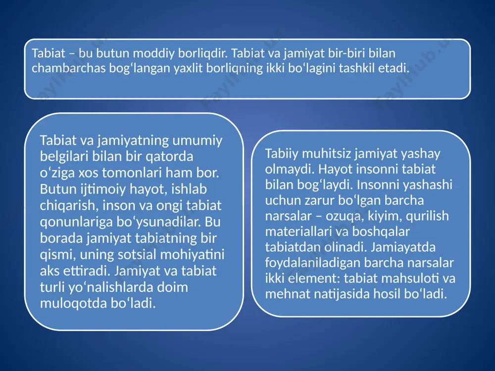 buzilishi, ozuqa kamayishiga olib kelgan.insonlar o‘zlarining hayotlari uchunmuhim tabiiy zahiralarni himoya qilish yuzasidan ba’zi choralarni ko‘ra boshlagan. qimmatli hayvonlar, ov qilinadigan va yeyishga yaroqli yovvoyi o‘simliklar o‘sadigan joylar muqadda deb e’lon qilinib, bu yerlarda ov qilish va o‘simliklarni terish man etilgan.quldorlik jamiyatida ham tabiatni muhofaza qilish buyicha choralar ko‘rilgan. ishlab chiqarish qurollarining ancha takomillashgan turlari – o]q-yoy, murakkabroq baliq ovlash asboblari, qadimgi aholining tabiatan o‘zi uchun zarur bo‘lgan narsalarni ko‘proq olishga va hayvonlarni kengroq maydonda tutishga, ov qilishga imkon beradi. chunki ibtidiy-sinfiy jamiyatning deyarli hammasida qurg‘ochchilik bo‘lib, yerlarni sug‘ormasdan yashab bo‘lmas edi. yog‘och-taxtalarga ehtiyoj katta bo‘lgani uchun, ularda o‘rmon daraxtlarini qo‘riqlash haqida qonunlar vujudga kela boshlagan. masalan, vavilon podshosi hammurappi eramizdan avvalgi 1792-1750 yillar, bundan qariyb 4 ming yil oldin har doim yog‘ochga muhtoj bo‘lganidan o‘rmonlarni muhofaza qilish choralarini ko‘rgan.f feodalizm davrida dehqonchilik yaroqli yerlarni tubdan kengaytirish maqsadida yevropadagi mamlakatlarda yoppasiga o‘rmonlar kesib y6uboriladi. buning ustiga kemalar qurish uchun ko‘p …