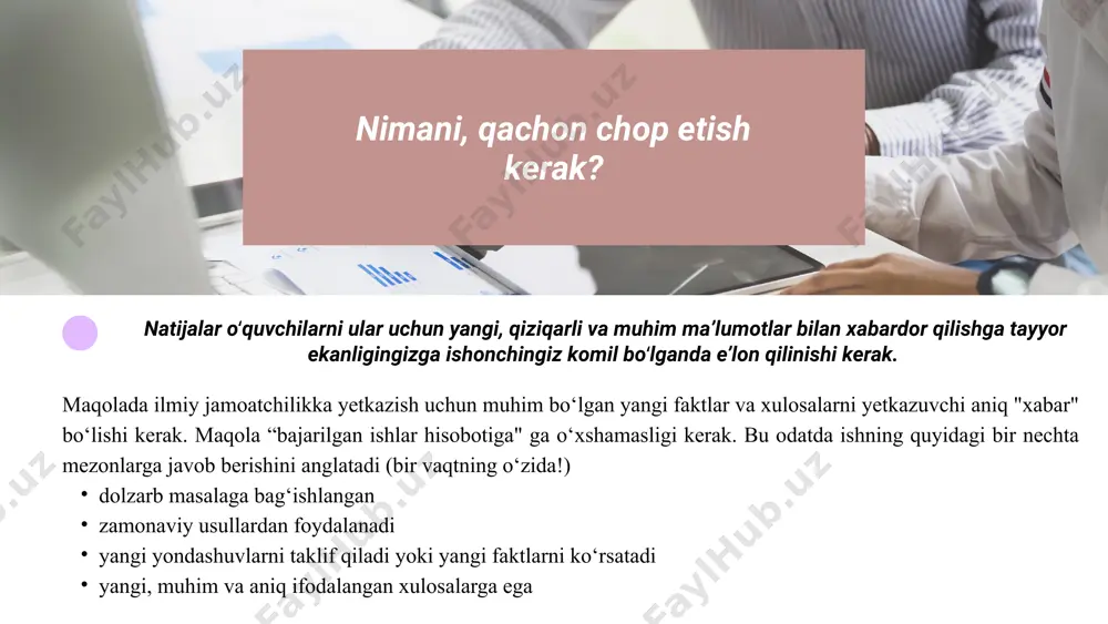 lganligi, nima uchun ushbu aniq metodologiyani tanlaganligingiz, metodologiya sizning abstraktingizda ko‘rsatilgan gipotezani tasdiqlashga qanday hissa qo‘shganligi haqida tushuntirish berilishi lozim. metodologiya boshqa odamlar qilgan ishingizga ergashishlari uchun aniq va qisqacha tasvirlangan ma’lumot. qanday qilib maqolani to‘g‘ri tuzish mumkin? muhokama bu yerda natijalar muhokamasi amalga oshiriladi. agar natijalar siz kutgandek bo‘lmasa, bu yerda nima sodir bo‘lganligi va/yoki nima boshqacha qilinishi mumkinligi haqida tushuntirishlar yoki fikrlarni qo‘yishingiz mumkin. xulosalar tadqiqotdan xulosalaringizni yozing. tashakkurnoma tadqiqotingizni amalga oshirishga imkon bergan odamlar va tashkilotlarga, masalan, moliyalashtirishda yordam bergani uchun. havolalar jurnal uslubidan foydalangan holda ishda berilgan havolalarni to‘g‘ri formatlash lozim. qo‘shimcha materiallar qo‘shimcha materiallar va ilovalarni keltirib o‘ting. udk maqolaning nomi mualliflari ismi sharifi va mualliflar ishlaydigan tashkilotlar annotatsiya kalit so‘zlar tashakkurnomalar (grantlar, fondlar, tashkilotlar uchun) maqola matni, bunda rasmlar, jadvallarva foydalanilgan adabiyotlar keltiriladi qo‘shimcha axborotlar - internet versiyasida alohida fayl sifatida chop etiladigan texnik yoki hajmdor axborot nashrning asosiy bo‘limlari ilmiy ishning nomi alohida …