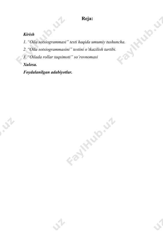 bilan imzolang. bunday vazifa oilaviy terapiya mashg’ulotlari davomida barcha oila a’zolariga berilishi mumkin, ammo ular bir-biri bilan maslahatlashmasdan buni bajarishlari kerak.oila sotsiogrammasini talqin qilish quyidagi mezonlarga muvofiq amalga oshiriladi: doira hududiga tushgan oila a’zolarining soni; doiralarning o’lchami; aylanalarning bir-biriga nisbatan joylashishi; ular orasidagi masofa.natijani birinchi mezon bo’yicha baholab, tadqiqotchi sub’ekt tomonidan tasvirlangan oila a’zolari sonini haqiqiy son bilan taqqoslaydi. ehtimol, mavzu o’zaro ziddiyatga tushib qolgan qarindoshi katta davraga tushib qolmasligi, uni “unutib qo’yishi” mumkin. shu bilan birga, begonalardan, hayvonlardan, sevimli narsalardan biri oila a’zosi sifatida tasvirlanishi mumkin. bundan tashqari, doiralarning o’lchamlari asosiy ahamiyatga ega. boshqalar bilan solishtirganda kattaroq "men" doirasi yuqori o’zini o’zi qadrlash haqida gapiradi, kichikroq - past baho. boshqa oila a’zolarining doiralarining o’lchami ularning mavzu nazarida muhimligini ko’rsatadi. oila sotsiogrammasini talqin qilishda doiralarning katta doira (sinov maydoni) hududidagi joylashuvi, shuningdek, bir-biriga nisbatan ham muhim ahamiyatga ega. o’z doirasi sub’ektini doira markaziga joylashtirish shaxsiyatning egosentrik yo’nalishini ko’rsatishi mumkin va …