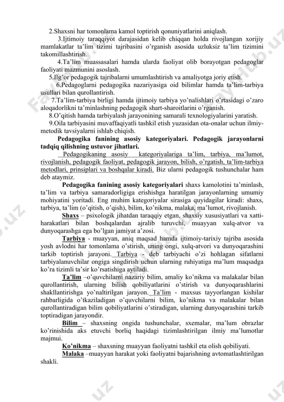 arv xususiy metodikasi bilan uzviylik muammolarini ishlab chikish va yangi pedagogik texnologiya qonunlariga amal qilish; -ta’lim-tarbiya nazariyasidagi qoida, qonun, tamoyil, metod va usullarini maktab amaliy hayoti bilan bog’lab, bo’lajak o’qituvchilarga urgatish; -xalq ta’limini boshqarish va rahbarlik masalalarini chuqur o’rganib bo’lajak o’qituvchilarni qanday tayyorlash muammolarini xal qilish. o’zbekiston respublikasida demokratik, insonparvar hamda huquqiy jamiyatni barpo etish sharoitida mazkur fan yuksak ma’naviy va axloqiy talabalarga javob beruvchi yuqori malakali kadrni tarbiyalash tizimini ishlab chiqish, milliy istiqlol g’oyasi asosida ta’lim va tarbiya nazariyasini ijodiy rivojlantirish vazifasini hal etadi. mazkur jarayonda quyidagi vazifalarni bajarishga e’tibor haratiladi: 1.ma’naviy va axloqiy talabalarga javob beruvchi yuqori malakali kadrni tarbiyalashga yo’naltirilgan pedagogik jarayonning mohiyatini o’rganish. 2.shaxsni har tomonlama kamol toptirish qonuniyatlarini aniqlash. 3.ijtimoiy taraqqiyot darajasidan kelib chiqqan holda rivojlangan xorijiy mamlakatlar ta’lim tizimi tajribasini o’rganish asosida uzluksiz ta’lim tizimini takomillashtirish. 4.ta’lim muassasalari hamda ularda faoliyat olib borayotgan pedagoglar faoliyati mazmunini asoslash. 5.ilg’or pedagogik tajribalarni umumlashtirish va amaliyotga joriy …