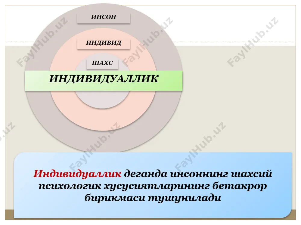 аққиёт жараёнида шаклланадиган бошқа хусусиятларга асос бўлади. темперамент хусусиятлари одам бир фаолият туридан иккинчисига, бир эмоционал ҳолатдан ёки бир малакалардан бошқасига алмаштирган пайтларда реакцияларнинг эгилувчан ва динамиклигини таъминлайди. демак, темперамент (лот. «temperamentum» - аралашма) – шахс фаолияти ва хулқининг динамик (ўзгарувчан) ва эмоционал-ҳиссий томонларини характерловчи, биологик шартлашган индивидуал хусусиятлар мажмуидир. нерв тизимининг типи и.п.павлов шартли рефлектор фаолиятининг индивидуал хусусиятлари билан темпераментга алоқадор нерв тизими хусусиятларининг ўзаро қўшилувини нерв тизимининг типи деб номлайди ва уни тўртта типга ажратади: 1) кучли, мувозанатли, эпчил; 2) кучли, мувозанатсиз, эпчил; 3) кучли, мувозанатли, суст; 4) кучсиз тип. «характер – ижтимоий муҳит таъсирида таркиб топиб, шахснинг атрофдаги воқеликка ва ўз-ўзига бўлган муносабатида ифодаланадиган, муайян шароитда типик хулқ-атвор усулларини белгилаб берадиган барқарор индивидуал психик хусусиятлар йиғиндисидир. характер туғма, ўзгармайдиган хусусият эмас. у кишининг ҳаёт шароитларига боғлиқ ҳолда таркиб топиб, ўзгарувчан ва тарбияланувчандир. махсус шароитда таълим-тарбия таъсирида салбий характер хусусиятларини бартараф қилиш, ижобий характер хусусият (хислат)ларини шакллантириш мумкин. …