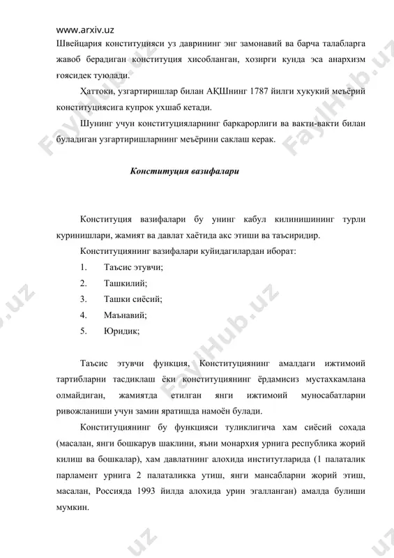 лантиришга интилади. замонавий ислом конституциялари эса уз фукароларига исломий дунёкараш кадриятларини уктиради. конституциянинг юридик функцияси коституцияларга хос куйидаги функциялар мавжуд: · биринчидан-жамиятдаги бутун тартибот ишларининг асоси булиб колади; · иккинчидан-бевосита хукук ва мажбуриятларни урнатади; · учинчидан - колган барча меъёрий хукукий актларнинг пойдевори булиб хизмат килади. конституциянинг юридик хусусиятлари, у давлатнинг асосий конуни эканлигига ишора килади. қуйидаги хусусиятлардан асосийларини ажратиб олиш мумкин: · давлатнинг асосий конуни; · олий юридик кучга эга; · амалдаги конунчиликнинг асоси; · унинг кабул килиниши ва узгартирилишининг алохида тартиби. конституция бу референдум, халк ёки олий конун чикарувчи ва давлат вакиллик органлари томонидан кабул килинадиган умуммажбурий хукукий меъёрий акт (конун)дир. бу акт жамият ва давлат хаётининг асосий масалаларини мустахкамлайди. доимий ва куп кулланилишга мулжалланган булиб, давлатнинг обру-эътибори (авторитети) ва мажбурлов кучига суянади. одатда конституция ягона меъёрий хукукий хужжат булиб, у узининг мазмун-мохияти ва ролига кура давлатнинг асосий конуни хисобланади. бу асосий конун олий юридик кучга эга булганлиги …
