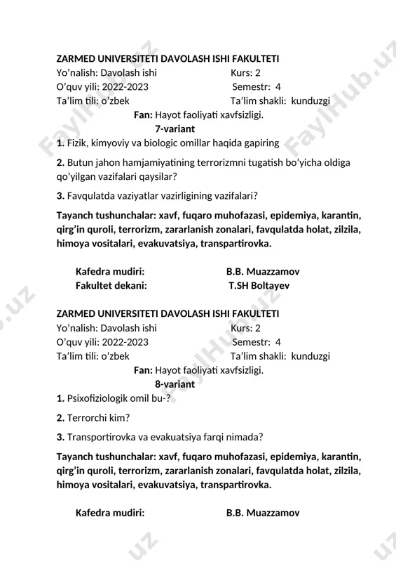 yili: 2022-2023 semestr: 4 ta’lim tili: o’zbek ta’lim shakli: kunduzgi fan: hayot faoliyati xavfsizligi. 11-variant 1. epidemiya nima? 2. terrorizmga ta’rif bering? 3. evakuatsiya nima? tayanch tushunchalar: xavf, fuqaro muhofazasi, epidemiya, karantin, qirg’in quroli, terrorizm, zararlanish zonalari, favqulatda holat, zilzila, himoya vositalari, evakuvatsiya, transpartirovka. kafedra mudiri: b.b. muazzamov fakultet dekani: t.sh boltayev zarmed universiteti davolash ishi fakulteti yo’nalish: davolash ishi kurs: 2 o’quv yili: 2022-2023 semestr: 4 ta’lim tili: o’zbek ta’lim shakli: kunduzgi fan: hayot faoliyati xavfsizligi. 12-variant 1. karantin nima? 2. ommaviy qirg’in qurollari tasnifi? 3. sekin ta’sir qiluvchi zahar turlari? tayanch tushunchalar: xavf, fuqaro muhofazasi, epidemiya, karantin, qirg’in quroli, terrorizm, zararlanish zonalari, favqulatda holat, zilzila, himoya vositalari, evakuvatsiya, transpartirovka. kafedra mudiri: b.b. muazzamov fakultet dekani: t.sh boltayev zarmed universiteti davolash ishi fakulteti yo’nalish: davolash ishi kurs: 2 o’quv yili: 2022-2023 semestr: 4 ta’lim tili: o’zbek ta’lim shakli: kunduzgi fan: hayot faoliyati xavfsizligi. 13-variant 1. o’ta xavfli yuqumli kasalliklarga …