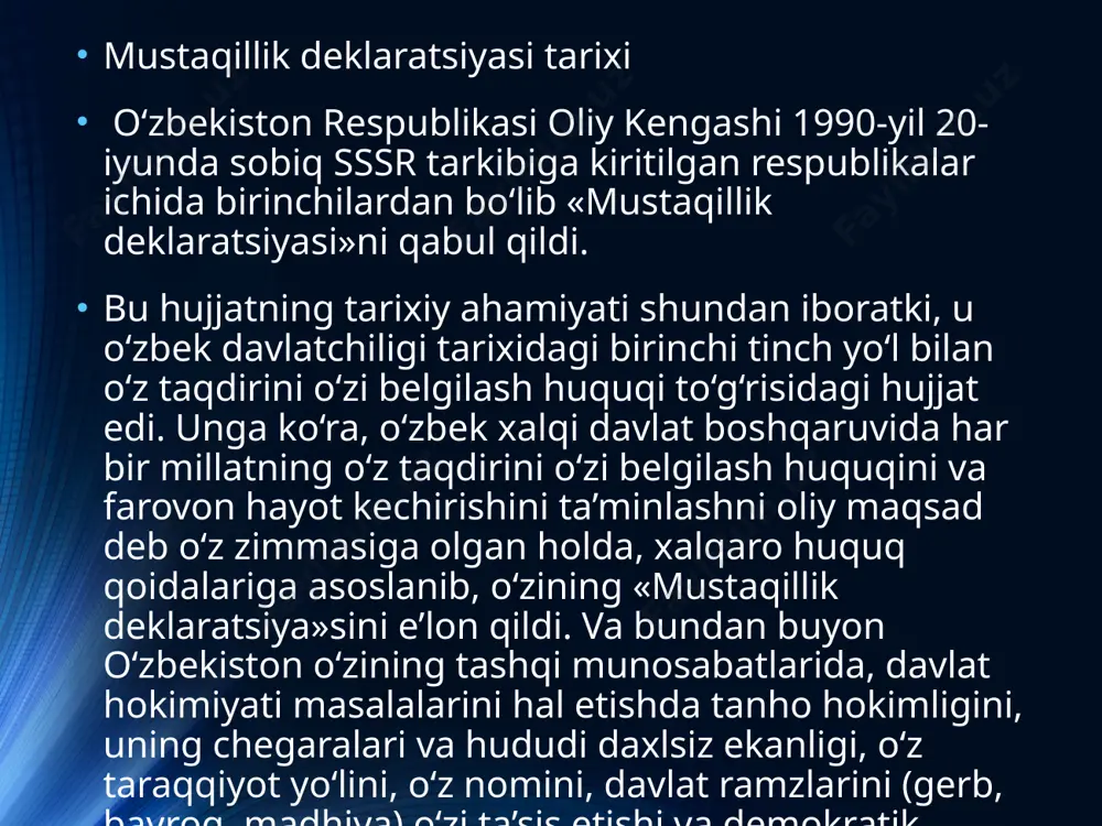 itlarida ijtimoiy-iqtisodiy, siyosiy va davlat huquqi masalalarini hal qilishga da’vat etilgan, uning qayta o‘zgartiruvchisi bo‘lishdek nihoyatda og‘ir vazifani yukladi. mustaqillik deklaratsiyasi o‘zbekiston sovet sotsialistik respublikasi oliy sovetining 1990-yil 20-iyundagi ikkinchi sessiyasida qabul qilingan o‘zbekiston sovet sotsialistik respublikasi oliy soveti: o‘zbek xalqining davlat qurilishidagi tarixiy tajribasi va tarkib topgan boy an’analari, har bir millatning o‘z taqdirini o‘zi belgilash huquqini ta’minlashdan iborat oliy maqsad haqi, har bir kishining farovon hayot kechirishini ta’minlashni oliy maqsad deb bilgan holda, o‘zbekiston xalqlarining kelajagi uchun tarixiy mas’uliyatni chuqur his etgan holda, xalqaro huquq qoidalariga, umumbashariy qadriyatlarga va demokratiya prinsiplariga asoslanib, o‘zbekiston sovet sotsialistik respublikasining davlat mustaqilligini e’lon qiladi. 1. o‘zbekiston ssrning demokratik davlat mustaqilligi respublikaning o‘z hududida barcha tarkibiy qismlarida va barcha tashqi munosabatlardagi tanho hokimligidir. 2. o‘zbekiston ssrning davlat hududi chegarasi daxlsiz va bu hudud xalqning muhokamasiga qo‘yilmay turib o‘zgartirilishi mumkin emas. 3. o‘zbekiston ssrda davlat hokimiyati uning hududiga kiradigan barcha tarkibiy va bo‘linmas qismlari …