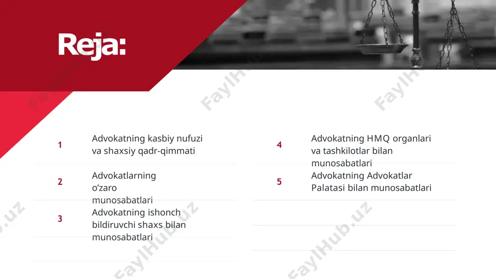 arur ---> o’z sha’ni va qadr-qimmatini saqlashi uchun advokat: advokat boshqa haq to’lanadigan faoliyat bilan shug’ullanishi mumkin emas ilmiy va pedagogik faoliyatidan advokatlar palatasi va uning hududiy boshqarmalaridagi faoliyatdan advokat o’z kasbiy faoliyatini advokatlik tuzilmasining rahbari sifatidagi ish bilan qo’shib olib borishga haqli yordam so’rab kelgan shaxsning qonuniy manfaatlariga zid harakat qilishga ishonch bildiruvchi shaxsning irodasiga zid pozisiyani egallashga ishonch bildiruvchini aybga iqror bo’lishga ko’ndirishga, shaxslarni obro’sizlantiradiga n hujjatlarni talab qilishga advokatlik sirini oshkor etishga,ortiqcha yuridik yordam ko’rsatish to’g’risidagi topshiriqni olishga o’z yordamini majburan qabul qildirishga. advokatlik siri bilan bog’liq guvoklik berishga ish davomida protsessning boshqa ishtirokchilari sha’ni va qadr-qimmatini kamsituvchi fikr bildirishga advokat quyidagilarga haqli emas advokatlik siri ishonch bildiruvchining daxlsizligi toplangan dalillar va hujjatlar moliyaviy hisob- kitoblarga vaqt bilan chegaralanmaydi advokatga ma’lum bo’lgan axborot huquqiy maslahatlar mazmuniga, advokatlik ish yurituviga, bitim shartlarga murojaatchi ismi va nomiga ishonch bildiruvchidan olingan ma’lumotlar materiallar va hujjatlarni alohida ish yurituvda olib borishi …