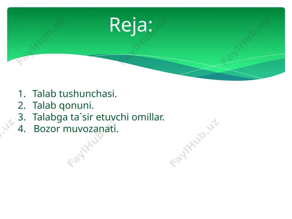 aklifga ta`sir etuvchi omillar. taklif – bu narxlarning mavjud darajasida ishlab chiqaruvchilar tomonidan bozorga sotishga chiqariladigan tovarlar miqdori. narz o`sishi bilan sotishga chiqariladigan tovarlar miqdori ham ko`payadi, narx tushganda esa kamayadi. bu o`zaro to`g`ridan – to`g`ri bog`liqlik taklif qonuni deyiladi. 100 200 300 400 500 10 p(so`m) narx 10 20 30 40 50 60 70 80 90 100 miqdor q (kg) a b v g d e taklif egri chizig`i. taklifga narxdan tashqari ta`sir qiluvchi omillar: resurslar narxi; ishlab chiqarish texnologiyasi; soliq va dotasiyalar; bir –biriga bog`liq tovarlar narxi; infyatsion kutilish; bozordagi sotuvchilar soni. egiluvchanlik – talab yoki taklif omillaridan birining o`zgarishi natijasida ular miqdorining o`zgarishini bildiradi. masalan, talabning baholi egiluvchanligi bahoning o`zgarishi hisobiga talab qilinadigan tovar miqdorining o`zgarishi. agar talab miqdorini q; bahoni p deb olsak, bahoning 1 % ga o`sishi talabning qanday foizli o`zgarishiga olib kelishini quyidagicha tasvirlash mumkin : e = ( % q) / (% p) …