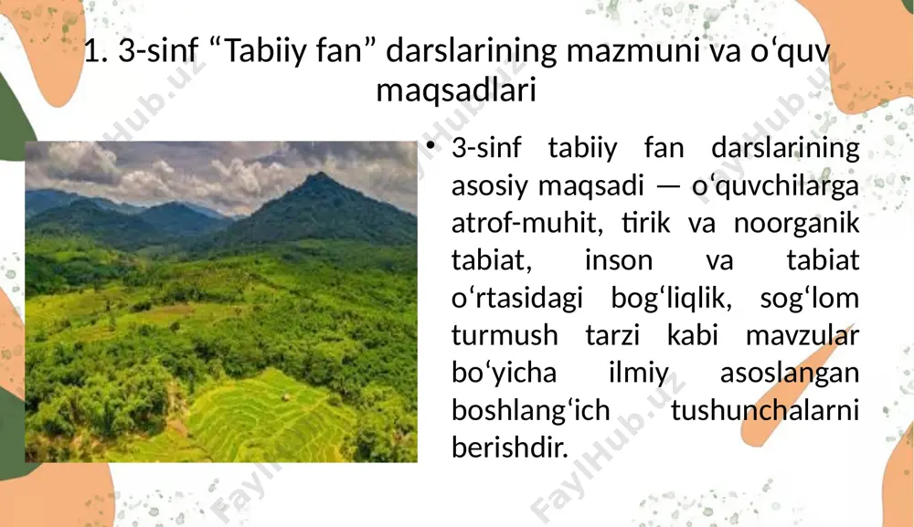 ar”lari joriy etilishi foydali bo‘ladi xulosa 3-sinf “tabiiy fan” darslari o‘quvchilarning tabiat haqidagi tasavvurlarini kengaytirish, ilmiy fikrlash, kuzatish va amaliyotda qo‘llash ko‘nikmalarini shakllantirishda muhim rol o‘ynaydi. darslarni yana-da qiziqarli, zamonaviy va interaktiv metodlar bilan boyitish tavsiya etiladi. foydalanilgan adabiyotlar: o‘zbekiston respublikasi xalq ta’limi vazirligi – 3-sinf “tabiiy fan” darsligi, 2023-yil tabiiy fan fanidan metodik qo‘llanma, toshkent, 2023 to‘xtayeva m. – boshlang‘ich sinfda tabiiy fanlarni o‘qitish metodikasi, toshkent, 2021 www.eduportal.uz – boshlang‘ich ta’lim fanlari uchun elektron resurslar avazova z. – darsda zamonaviy texnologiyalar, andijon, 2022 image2.png image3.png image1.png /docprops/thumbnail.jpeg
