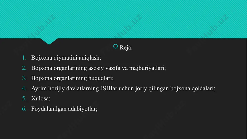 ari shunday nazoratdan o‘tkazilishini ta’minlash; bojxona haqidagi qonun hujjatlari buzilishining, shu jumladan kontrabandaning oldini olish, uni aniqlash va ularga chek qo‘yish; tashqi iqtisodiy faoliyatga doir bojxona statistikasini hamda tovar nomenklaturasini yuritish; o‘zbekiston respublikasi xalqaro shartnomalarining bojxona ishiga oid qismidan kelib chiqadigan majburiyatlar bajarilishini ta’minlash. bojxona organlarining majburiyatlari: yagona davlat bojxona siyosatini ro‘yobga chiqarishda ishtirok etishga; bojxona haqidagi qonun hujjatlariga rioya etilishi, bojlar to‘g‘ri hisoblanishi, to‘liq va o‘z vaqtida to‘lanishini nazorat qilishga; davlat xavfsizligini, jamoat tartibini saqlash, fuqarolarning hayoti va sog‘lig‘ini himoya qilish, atrof muhitni muhofaza etish chora-tadbirlari amalga oshirilishiga ko‘maklashishga; bojxona haqidagi qonun hujjatlarini qo‘llanish bo‘yicha belgilangan tartibda uslubiy ko‘rsatmalar va normativ hujjatlar ishlab chiqish hamda ularni nashr etishga; yuridik va jismoniy shaxslarni tovarlar va transport vositalarini olib o‘tish hamda bojxona chegarasidan o‘tish vaqtidagi huquqlari va majburiyatlari to‘g‘risida o‘z vaqtida xabardor qilishga; faoliyat turlari bilan shug‘ullanish huquqini beradigan maxsus ruxsatnomalarni (litsenziyalarni) qonun hujjatlarida belgilangan tartibda berishga; o‘z xizmat vazifalarini bajarishlari …
