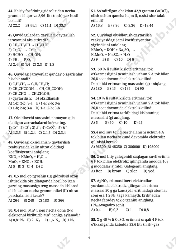 shda 3:4 bo’lsa, konsentratsiyasi katta eritma hajmini (litr) aniqlang. a) 21 b) 24 c) 14 d) 16 37. qaysi tuzlar ham kation, ham anion bo’yicha gidrolizga uchraydi? a) kaliy sulfat, bariy nitrat b) aluminiy sulfid, ammoniy atsetat c) aluminiy nitrat, rux sulfat d) natriy atsetat, kalsiy nitrit 38.quyida berilgan tuzlardan qaysilari gidrolizga uchramaydi? a) kaliy sulfat, bariy nitrat b) natriy atsetat, kalsiy nitrit c) temir (iii) xlorid, mis (ii) sulfat d) aluminiy sulfid, ammoniy atsetat 39.ma’lum hajmdagi suvda sulfat angidrid eritildi. ushbu jarayon uchun quyidagilardan qaysilari noto’g’ri? 1) ph ortadi; 2) h+ ionlari ortadi; 3) ph kamayadi; 4) oh- ionlari ortadi. a ) 2,4 b) 2,3 c) 1,2 d) 1,4 40. ma’lum hajmdagi suvda azot (iv) oksid eritildi. ushbu jarayon uchun quyidagilardan qaysilari noto’g’ri? 1) ph kamayadi; 2) h+ ionlari ortadi; 3) ph ortadi ; 4) oh- ionlari ortadi. a ) 1,2 b) 2,4 c) 3,4 d) 2,3 41. al2(so4)3 …