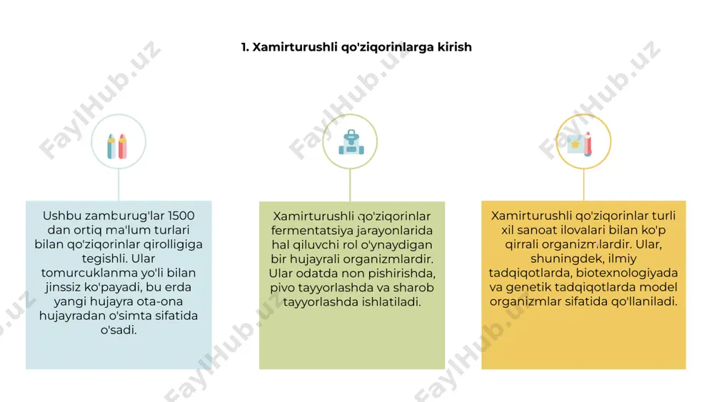 maydi, bu mikroorganizmlarning ushbu sohadagi ahamiyatini ta'kidlaydi. 7. pishirishda xamirturushli zamburug'larning o'rni 1 2 3 xamirturushli qo'ziqorinlar karbonat angidrid gazini hosil qilish uchun shakarni fermentatsiyalash orqali pishirishda hal qiluvchi rol o'ynaydi, bu esa non xamirining ko'tarilishiga va mayin bo'lishiga olib keladi. bu jarayon biz har kuni zavqlanadigan nonlar, bulochkalar va pishiriqlarning engil va havodor tuzilishini yaratishda muhim ahamiyatga ega. xamirturushli qo'ziqorinlar, shuningdek, nonga o'ziga xos xushbo'y hid va ta'm beradigan aralashmalar ishlab, pishirilgan mahsulotlarning lazzat rivojlanishiga hissa qo'shadi. 8. biotexnologiyada xamirturushli qo'ziqorinlar 1 2 3 2 xamirturushli qo'ziqorinlar shakarni fermentatsiya qilish va etanol ishlab chiqarish qobiliyati tufayli biotexnologiyada hal qiluvchi rol o'ynaydi. bu jarayon bioyoqilg'i va ichimliklar ishlab chiqarishda qo'llaniladi. 1 xamirturushli qo'ziqorinlar genetik muhandislik orqali turli fermentlar va oqsillarni ishlab chiqarishda ham qo'llaniladi. ularning tez ko'payish tezligi va ko'lamliligi ularni keng ko'lamli biotexnologik jarayonlar uchun ideal qiladi. 3 bundan tashqari, xamirturushli zamburug'lar farmatsevtika va kimyoviy moddalar ishlab chiqarishdagi salohiyati …