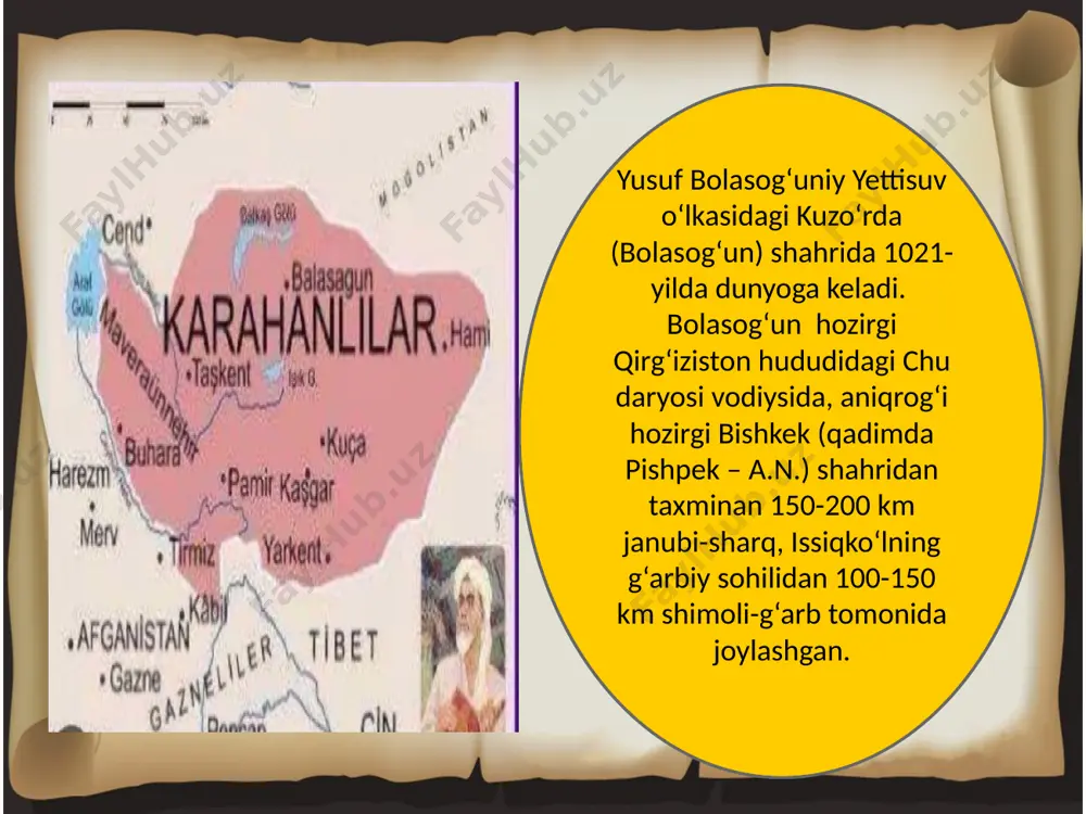 nasining barcha asosiy ilmlarini atroflicha oʻrgangan, arab va fors tillarini mukammal bilgan. mahmud koshgʻariy kabi turkiy tilning mavqeini oshirish, uning madaniyadabiy hayotdan oʻziga munosib oʻrin egallashi uchun kurashgan. tugʻilgan yili - 1019yil vafot etgan yili -1077yil 1069-70-yillarda yozib tugallangan "qutadgʻu bilig" („saodatga boshlovchi bilim“) asari qoraxoniylar davlatining mustahkam qaror topishiga xizmat qilgan nizomnomadir. uch nusxasi (vena, qohira va namangan) mavjud. nisbatan toʻligʻi namangan nusxasi boʻlib, 1923-yili fitrat tomonidan qoʻlga kiritilgan, u oʻr fa shi da saqlanadi. 6520 baytdan iborat, masnaviy (yaʼni aruzning „mutaqoribi musammani mahzuf“) vaznida yozilgan. „shohnoma“ kabi mutaqorib vaznida yozilgan va „turkiy shohnoma“ nomi bilan shuhrat qozongan (73 bob, 6520 bayt va toʻrtliklardan iborat). yusuf xos hojibning „qutadgʻu bilig“ („saodatga yoʻllovchi bilim“, 1069—70) asari islomiy turkiy adabiyotni boshlabgina bermay, uni yangi taraqqiyot bosqichiga ham koʻtardi. u nafaqat turkiy xalqlar adabiyoti anʼanalari, balki qardosh xalqlar, jumladan, forsiy adabiyot tajribalarini ham ijodiy oʻzlashtirgan holda yaratilgan. qutadgʻu bilig“ — xi asr …