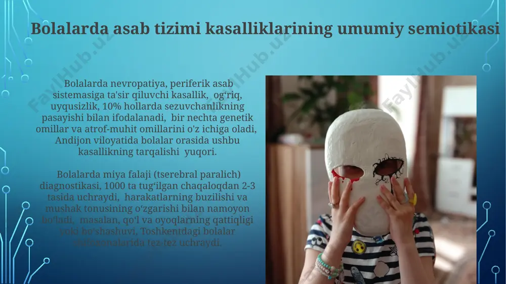 ва тиришишлар каби неврологик симптомлар кузатилган. bolaning bosh og'rig'i va semiotik diagnostikasi bosh miya shishi yoki boshqa jiddiy nevrologik kasalliklar bosh og'rig'ining kam uchraydigan, ammo xavfli sabablaridan bo'lib, tezkor tibbiy yordamni talab qiladi va samarqanddagi mutaxassislar bu holatlarga alohida e'tibor berishadi. migren tipi bosh og'rig'i bolalarda 10-15% hollarda uchraydi va bu og'riqlarning semiotikasi ko'ngil aynishi, qusish va fotofobiya bilan xarakterlanadi. epilepsiya sindromlari va ularning semiotikasi epilepsiyaning 10 dan ortiq turli sindromi mavjud bo'lib, ularning har biri klinik ko'rinishi, eeg topilmalari va kechishi bilan farq qiladi; masalan, lennox-gastaut sindromi 4 yoshgacha bo'lgan bolalarda ko'proq uchraydi va qisman tonik-klonik tutqanoqlar bilan tavsiflanadi. dravet sindromi, 1 yoshgacha boshlanadigan epilepsiya sindromi, asosan qisman tutqanoqlar bilan namoyon bo'ladi va bir qator boshqa neyrologik muammolar bilan birga kechishi mumkin; bu sindromning tarqalishi jahon miqyosida o'rtacha 1:15000 ga teng. e'tiboringiz uchun rahmat @taqdimot_robot image3.jpg image4.jpg image5.jpg image6.jpg image7.jpg image8.jpg image9.jpg image10.jpg image11.jpg image2.png