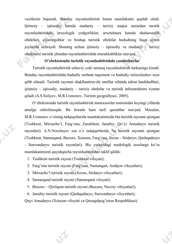 ‘zbekistonning respublikasi poytaxtidir. toshkent qadimiy shaharlardan hisoblanib, u haqidagi dastlabki ma’lumotlar eramizdan oldingi ii asrdagi xitoy solnomalarida uchraydi. hozirgi kunda toshkent yirik transport tuguni sifatida (havo, temir yo’l, avtomobil) o’zida mamlakatimizning tarixiy o’tmishini eslatib turuvchi taraqqiy topgan zamanoviy sanoat shahridir. shuningdek, toshkent turistik rayoni turistik resurslarga boy hisoblanib, mahalliy va halqaro ahamiyatdagi sayyohlikni rivojlantirish imkoniyatlariga ega. mazkur rayonda madaniy – tarixiy, tabiiy rekreasiya resurslari mavjud. bu yerda oqtosh, xumson, g‘azalkent, tovoqsoy, boldirsoy, chorbog‘, chimyon, kumushkon, so‘qoq, ohangaron, yangiobod, ertosh, ko‘ksaroy, qizilchi kabi dam olish va davolanish resurslariga ega. rayonning turli tekislik va tog‘li qismida ekskursiya obektlari va shifobaxsh maskanlari ko‘p. bu rayonda botanika, turon, chinobod, toshkent mineral suvi, 8 mart, qibray, bo‘ston, zangchi ota kabi bir qancha sanatoriya va kurort zonalari joylashgan. yuqoridagi tabiiy rekreasiya resurslaridan kelib chiqib ekologik turizmni tashkil etish imkoniyatlari bisyor. ayni kunda chotqol davlat qo’riqxonasiga turli marshrutlarni yaratish katta samara beradi. o’z navbatida toshkent turistik rayoni …