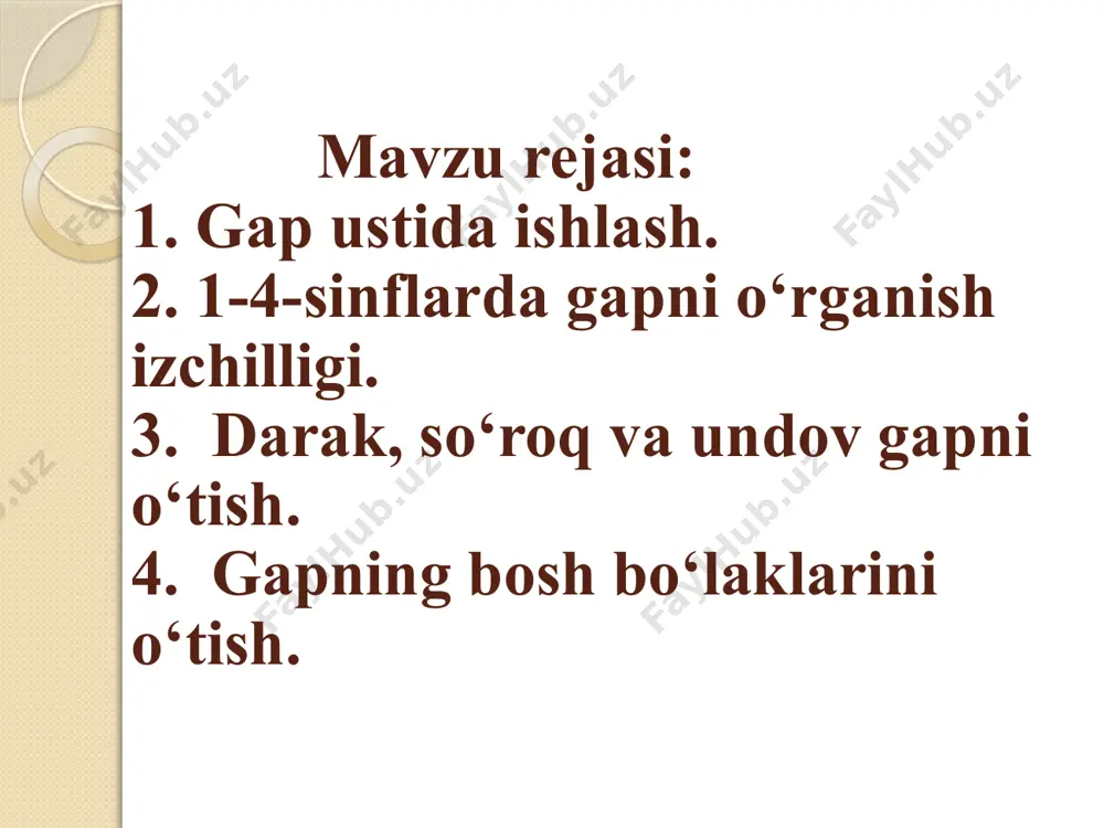 h, gapning grammatik asosini, bosh va ikkinchi darajali bo'laklarning xususiyatlari, yoyiq va yig'iq gaplar ustida ishlash). 3. o'quvchilarning nutqida gapning maqsadga va ohangga ko'ra turlaridan foydalanish ko'nikmasini shakllantirish. 4. gapda so'zlarni aniq qo'llash ko'nikmasini o'stirish. 5. yozma nutqda gapni to'g'ri tuzib yozish (uni bosh harf bilan boshlash, tinish belgilarini qo'yish) ko'nikmasini shakllantirish. ishning bu besh yo'nalishi bir-biriga o'zaro ta’sir etadi va gapning ayrim tomonlarini o'rganish maqsadidagina ularning har biri mustaqil muhokama qilinadi. gapni o'rganish va nutqda undan foydalanish ko'nikmasini shakllantirish o‘quvchilarning aniq bilimlarini doimiy kengaytirib, boyitib borishga asoslanadi. o‘quvchi qanday yangilikni bilsa, unda bu yangilik haqida xabar berish ehtiyoji tug‘iladi. u o‘z fikrini ifodalash uchun qulayroq shakl qidiradi. demak, aloqa qilish talabidan gapni mukammalroq egallash zaruriyati kelib chiqadi. ,,gap“ mavzusi barcha sinflarda o'rganiladi. gapning belgilari haqidagi bilimlar chuqurlashtirib boriladi. o'quvchilar fikr ifodalovchi nutq birligi - gap haqidagi elementar tasavvurdan gapning bosh va ikkinchi darajali bo'laklari, gapda so'zlarning bog'lanishi, gapning uyushiq …