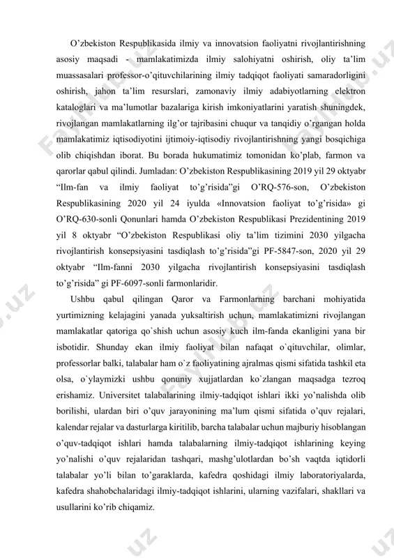 zroq erishamiz. universitet talabalarining ilmiy-tadqiqot ishlari ikki yo’nalishda olib borilishi, ulardan biri o’quv jarayonining ma’lum qismi sifatida o’quv rejalari, kalendar rejalar va dasturlarga kiritilib, barcha talabalar uchun majburiy hisoblangan o’quv-tadqiqot ishlari hamda talabalarning ilmiy-tadqiqot ishlarining keying yo’nalishi o’quv rejalaridan tashqari, mashg’ulotlardan bo’sh vaqtda iqtidorli talabalar yo’li bilan to’garaklarda, kafedra qoshidagi ilmiy laboratoriyalarda, kafedra shahobchalaridagi ilmiy-tadqiqot ishlarini, ularning vazifalari, shakllari va usullarini ko’rib chiqamiz. talabalar ilmiy-tadqiqot ishlarining mazmuni va tizimi ilmiy-tadqiqot tadbirlari va shakllarining o’quv jarayoni qonuniyatlariga muvofiq ravishda mutassil bo’lishini ta’minlaydi. bu o’z navbatida ilmiy-tadqiqot ishlari shakl va usullarining kursdan kursga, kafedradan kafedraga, bir fandan ikkinchi fanga, bir xil mashg`ulotlardan boshqa xil mashg`ulotlarga izchil tartibda o’tib borishini, talabalar ilmiy-ishlarni bajarish jarayonida o’zlashtiradigan bilim va mamlakatlarning hajmi asta-sekin ko’payib va murakkablashib borishini ta’minlaydi. zamonaviy o`qituvchi tadqiqotchi shaxsini tarbiyalash, faoliyatning ichki motivatsiyasini shakllantirish, ma’naviy shaxsni shakllantirish uchun asos yaratadigan qadriyatlar tizimiga e’tiborni shakllantirish uchun ulkan mas’uliyat bilan bog’liq. tadqiqot faoliyatini tashkil etishning …