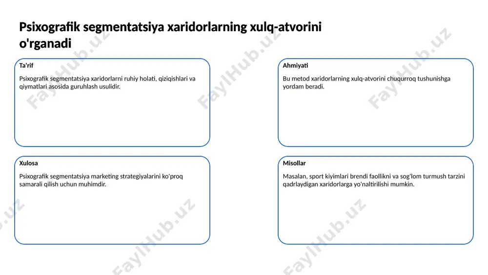 id qilish usullarini tahlil qiladi xarid qilish usullari xarid qilish usullari onlayn va oflayn xaridlar, chegirmalar va aksiyalar orqali o‘zgaradi. xaridorlarning ushbu usullarga bo‘lgan munosabati ularning xarid qilish odatlariga ta'sir qiladi. xarid qilish odatlari segmentatsiyasi xaridorlarning xarid qilish usullarini tahlil qiladi ilova va amaliyot xarid qilish odatlari segmentatsiyasi marketing strategiyalarini rivojlantirishda muhimdir. kompaniyalar xaridorlar ijtimoiy, iqtisodiy va madaniy jihatlarini inobatga olib, o‘z mahsulotlarini taklif qilishlari kerak. 6 bozor segmentatsiyasi marketing strategiyalarini optimallashtirishga yordam beradi bozor segmentatsiyasining maqsadi bozor segmentatsiyasi sotuvchilar uchun muayyan mijoz guruhlarini aniqlashga yordam beradi. bu yangi strategiyalarni ishlab chiqishda va marketing resurslarini to'g'ri taqsimlashda muhimdir. bozor segmentatsiyasi marketing strategiyalarini optimallashtirishga yordam beradi segmentlarning turlari bozor segmentatsiyasi demografik, psixografik, geografik va xarid qilish odatlari asosida bo'lishi mumkin. har bir segment o'ziga xos ehtiyojlarga ega. bozor segmentatsiyasi marketing strategiyalarini optimallashtirishga yordam beradi raqobat ustunligi to'g'ri segmentatsiya raqobatchilardan ajralib turish imkonini beradi. bu iste'molchilar bilan aloqalarni mustahkamlashga yordam beradi. bozor …