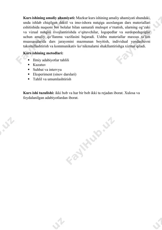 izlanishlar uchun asos yaratishga xizmat qiladi. kurs ishining amaliy ahamiyati: mazkur kurs ishining amaliy ahamiyati shundaki, unda ishlab chiqilgan daktil va imo-ishora nutqiga asoslangan dars materiallari eshitishida nuqsoni bor bolalar bilan samarali muloqot o‘rnatish, ularning og‘zaki va vizual nutqini rivojlantirishda o‘qituvchilar, logopedlar va surdopedagoglar uchun amaliy qo‘llanma vazifasini bajaradi. ushbu materiallar maxsus ta’lim muassasalarida dars jarayonini mazmunan boyitish, individual yondashuvni takomillashtirish va kommunikativ ko‘nikmalarni shakllantirishga xizmat qiladi. kurs ishining metodlari: · ilmiy adabiyotlar tahlili · kuzatuv · suhbat va intervyu · eksperiment (sinov darslari) · tahlil va umumlashtirish kurs ishi tuzulishi: ikki bob va har bir bob ikki ta rejadan iborat. xulosa va foydalanilgan adabiyotlardan iborat. i bob. daktil va imo-ishora nutqining lingvistik va pedagogik asoslari 1.1. daktilologiya va imo-ishora nutqining kelib chiqishi va rivojlanish bosqichlari ponso o‘z metodikasida nutqning turli: og‘zaki, yozma, daktil va imo-ishora ko‘rinishlarini qo‘llaydi.x.p.bonet (1579-1633) o‘zining 1620 yilda yozilgan «tovushlar tabiati va kar-soqovni gapirishga o‘rgatish san’ati» …
