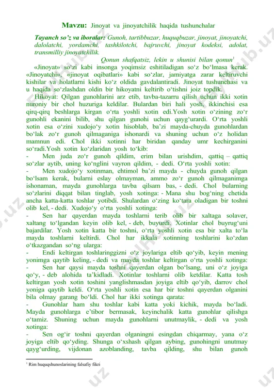 yda toshlar keltirgan o‘rta yoshli xotinga: - sen har qaysi mayda toshni qayerdan olgan bo‘lsang, uni o‘z joyiga qo‘y, - deb alohida ta’kidladi. xotinlar toshlarni olib ketdilar. katta tosh keltirgan yosh xotin toshini yanglishmasdan joyiga eltib qo‘yib, darrov chol yoniga qaytib keldi. o‘rta yoshli xotin esa har bir toshni qayerdan olganini bila olmay garang bo‘ldi. chol har ikki xotinga qarata: - gunohlar ham shu toshlar kabi katta yoki kichik, mayda bo‘ladi. mayda gunohlarga e’tibor bermasak, keyinchalik katta gunohlar qilishga o‘tamiz. shuning uchun mayda gunohlarni unutmaylik, - dedi va yosh xotinga: - sen og‘ir toshni qayerdan olganingni esingdan chiqarmay, yana o‘z joyiga eltib qo‘yding. shunga o‘xshash qilgan aybing, gunohingni unutmay qayg‘urding, vijdonan azoblanding, tavba qilding, shu bilan gunoh shumligidan qutilding, - deb qo‘shimcha qildida, xudojo‘y xotinga: sen mayda toshlar o‘rinlarini unutganing kabi mayda gunohlaringni ham unutgansan, asta-sekin gunohlar loyiga botganingni ham sezmay qolgansan, tavba qilmay shu kungacha gunohli umr kechirgansan, ko‘rdingmi, …