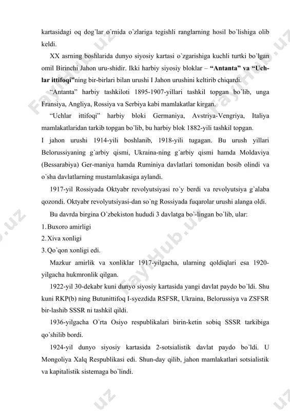 1939-yil boshlandi. 1940-yil g`arbiy belorussiya, g`arbiy ukraina va mol-daviya sssr tarkibiga qayta qo`shib qaytarib olindi. shu yili boltiqbo`yi respublikalari – latviya ssr, litva ssr va estoniya ssr lar tashkil topdi va sssr tarkibiga qo`shildi. 1941-1945-yillari jahonda sotsialistik tizim kengaydi va kuchaydi. g`arbiy yevropadagi germaniya tomonidan bosib olin-gan bir qator davlatlar germaniya zulmidan ozod etildi va sotsialistik davlatlar qatoriga qo`shildi. 1. polsha 5. ruminiya 2. gdr 6. bolgariya 3. chexoslovakiya 7. yugoslaviya 4. vengriya 8. albaniya 1945-yil yapon militarizmi tor-mor keltirildii. horijiy osiyoda 4 ta davlat sotsialistik sistema qatoriga qo`shildi: 1. xitoy xalq respublikasi 2. kxdr 3. vetnam 4. laos 1959-yil amerika qit’asida ham sotsialistik davlat paydo bo`ldi. bu davlat kuba respublikasidir. shun-day qilib, jahon sotsialistik sistemasida jami 16 ta davlat mavjud edi. xx asrning 2-yarmidan boshlab afrika, osiyo va lo-tin amerikasi mamlakatlarida milliy ozodlik harakat-lari kuchayib ketdi. bunday harakatlar ayniqsa afrika qit’asidagi ii jahon urushida yengilgan mamlakatlarning mustamlakalarida keskin tus …