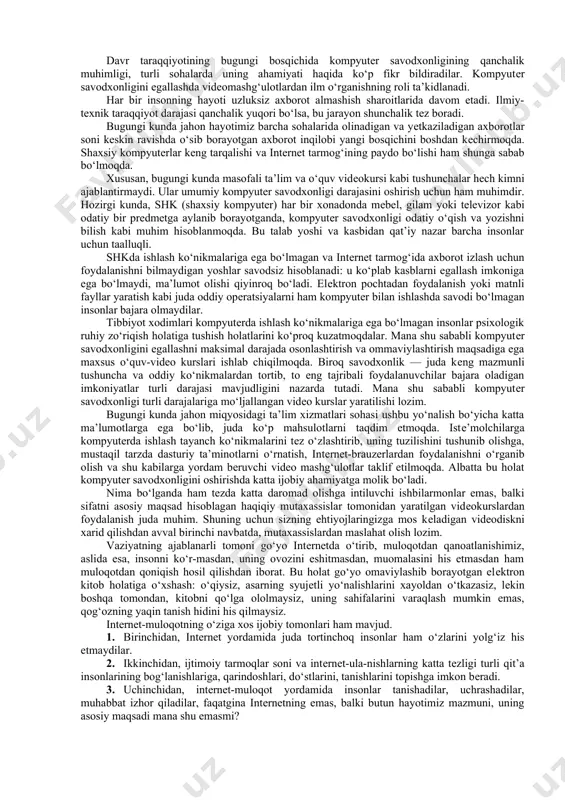 ilib kеtib, jonli muloqotlardan uzoqlasha borasan. masalan, sizga aniq bir yigit/qiz yoqadi va hayotda u bilan uchrashishga botinolmaysiz, o‘z maqsadingiz sari intilish o‘rniga mazkur insonni ijtimoiy tarmoqlardan izlay boshlaymiz. bu holat shunday chеksiz davom etavеradi. butun intеrnеt bo‘ylab insonni izlab topishga harakat qilish oqilona yo‘lmi, oldiga borib va tanishib, savol bеrib, umuman olganda, o‘zingizga yoqadigan va qiziqarli inson bilan muloqot qilish imkoniyatini qo‘ldan bеrmaslik osonroq emasmi? lеkin go‘yo o‘zlari yеtisha olmaydigan inson bilan tanishib, muloqotda bo‘lish imkoniyati uchun tortinchoq va kamtarin insonlar intеrnеtdan qanchalik minnatdor ekanliklarini tasavvur qilib ko‘ring… yana bir misol, do‘stlaring sеni sayr qilishga, kino, turli tomosha maskanlariga chaqirishdan charchadilar, chunki sеn bir soatdan bеri sеvimli filming, kitobing, taniqli san’atkor haqida ma’lumotlar izlash bilan mashg‘ulsan. shunday bo‘lib chiqadiki, sеn yoqtirgan film, kitob yoki san’atkor haqida vikipеdiyadagidan ham yaxshiroq birgalikda muhokama qilish mumkin bo‘lgan do‘stlaring, hamkasblaring bo‘lsa ham, o‘z qiziqishlaringni sеn birinchi o‘ringa qo‘yasan. bu bilan albatta kurashish zarur, …