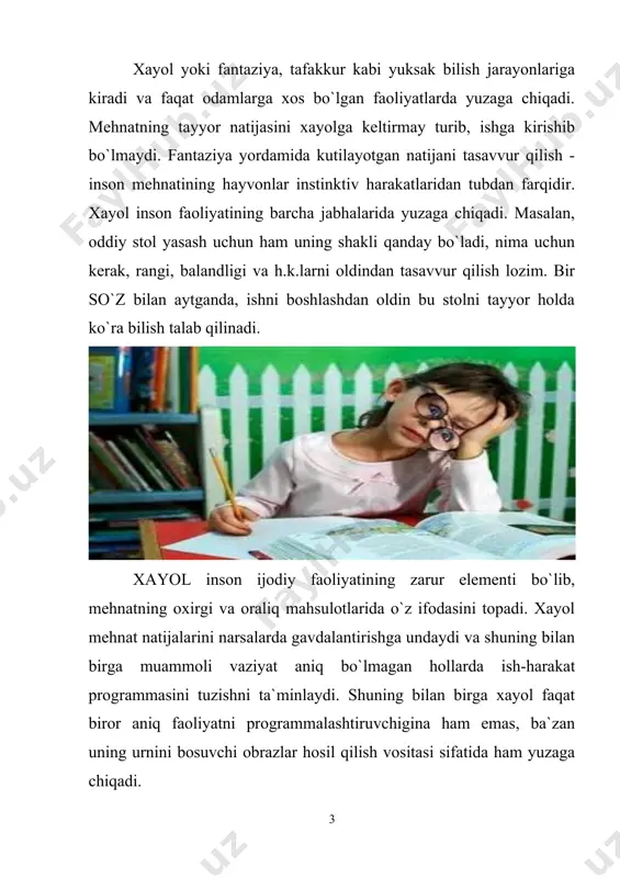 di. agar muammoli vaziyat ko`p jihatdan o`zining noaniqligi bilan ajralib tursa, dastlabki ma`lumotlarni aniq analiz qilish juda qiyin bo`lsa xayol mexanizmlari ishga tushadi. xayol turlari xayol o`zining faolligi va aktivligi bilan xarakterlanadi. shu bilan birga xayol kishini faollikka undovchi kuch, turtki sifatida ham ishlaydi. lekin ayrim hollarda xayol faoliyatning o`rnida, ya`ni soxta faoliyat sifatida harakat qilishi mumkin. odam og`ir ahvolga tushganda, biror masalani echa olmaganda, o`z xatolaridan qochishga harakat qilgan kabi hollarda u foydasiz orzularga, real hayotdan uzoq fantastika olamiga kirib ketishi mumkin. bunday hollarda kishi amalga oshirib bo`lmaydigan ish-harakat rejalarini tuzadi. xayolning bunday turi passiv xayol deb ataladi. passiv xayol ixtiyoriy yoki ixtiyorsiz yuzaga kelishi mumkin. ixtiyoriy ravishda yuzaga keltirilgan, lekin hayot bilan, real hayotdagi faollikka olib kelmaydigan passiv xayol turi shirin xayol deb ataladi. qandaydir quvonchli, yoqimli narsalar haqida shirin xayollarga berilish hammaga xos. ammo inson hayotida shirin xayol kechirish hollari ko`proq bo`lsa, bu shaxsning passivligidan dalolat beradi. …