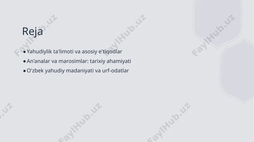 aloqasi va rivojlanishi kelajak avlodlarga ta'sir ko'rsatadi. 2 an'analar va o'zgarish yahudiy an'analari davomiyligi, zamonaviy hayotda muhim o'rin tutadi. ular, tarixiy o'zgarishlarga moslashib, e'tiqodning mohiyatini saqlab qoladi. 3 kelajakdagi ta'sir yahudiy e'tiqodlari, o'zbek yahudiylari orasida yangi avlodlarga o'tkazilib, milliy va diniy madaniyatlarni yanada boyitishga xizmat qiladi. yahudiylikda shabbat: dam olish va ruhiy yangilanish. yahudiylikda shabbat, har hafta juma kuni quyosh botganda boshlanadi va shanba kuni quyosh chiqishida tugaydi. bu vaqt davomida yahudiylar dam olish, ruhiy yangilanish va oilaviy uchrashuvlarni muhim deb bilishadi. shabbat, diniy marosimlar va an'analar bilan birga, yahudiy hayotining markazida turadi. yahudiylik ta'limotining ahamiyati: o'zbek madaniyatiga ta'siri. 1 yahudiylik va o'zbeklik yahudiylik ta'limoti o'zbek madaniyatining ko'p jihatlariga ta'sir ko'rsatgan. o'zbek yahudiylarining urf-odatlari va an'analari bu ta'sirning ko'rinishidir. 2 madaniy almashuv o'zbekistondagi yahudiylar va mahalliy aholi o'rtasida madaniy almashuv sodir bo'lgan. bu, san'at, musiqa va oshpazlikda o'zaro ta'sirni kuchaytirdi. 3 diniy marosimlar yahudiylik marosimlari o'zbek madaniyatida o'ziga xos o'rin …