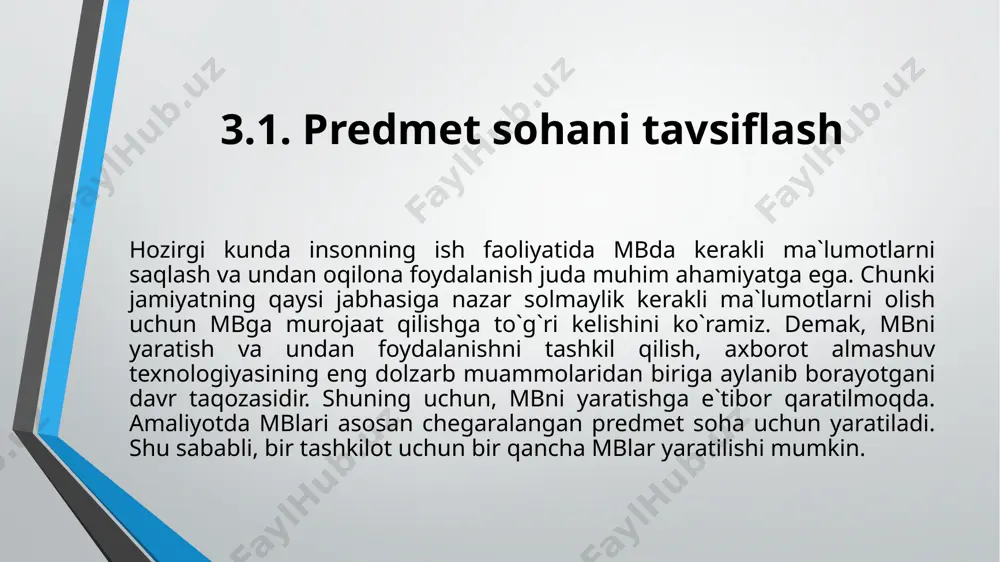 simon tuzilishda kerakli ma`lumotlar qator va ustunlarning kesishishi bilan aniqlanadi. mbda ustunlar - maydonlar, qatorlar - yozuvlar deyiladi. maydonlar mb tuzilmasini tashkil qilsa, yozuvlar esa unda saqlanuvchi ma`lumotni o`zida aks ettiradi. maydon yoki rekvizit – ma`lumotlarni tashkil etishning oddiy birligi bo`lib, u axborotning alohida, bo`linmas birligidir. mb tuzilmasining asosiy elementlari mb tuzilmasining asosiy elementlari — bu maydonlardir. ular bir qancha xususiyatlarga ega. xususiyatlarga bog`liq holda maydonga qanday axborot kiritish mumkin va undagi axborot bilan qanday vazifani bajarsa bo`ladi singari ishlar bajariladi. masalan, “narx” maydonida joylashgan ma`lumotlarni qo`shish yo`li bilan ma`lum bir natija olishimiz mumkin. lekin, ‘telefon nomeri’ deb nomlangan maydondagi ma`lumotlarni (telefon nomerlari raqam bilan yozilgan bo`lsa ham) qo`shish mumkin emas. demak, bu maydonlar turli xususiyatlarga ega va har xil tiplarga taaluqlidir. maydonning asosiy xususiyati har qanday maydonning asosiy xususiyati uning uzunligi hisoblanadi. maydonga qancha ma`lumot joylashishi uning uzunligiga bog`liq. maydon uzunligi ramziy belgilar bilan ifodalanadi. ramziy belgilar baytlar bilan …