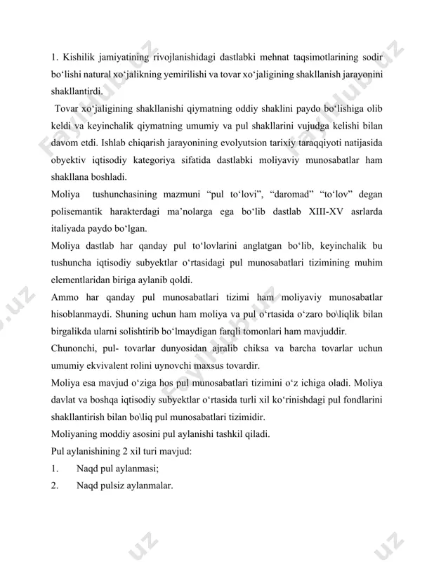 i moliyalashtirishning asosiy manbai bo‘lgan moliyaviy mabla\lar hisoblanadi. moliyaning harakterli belgilari qo‘yidagilardan iborat: 1. pul munosabatlari harakteridan iborat. 2. taqsimlash harakteridan iborat. 3. fondli harakterdan iborat. moliya o‘ziga hos ravishdagi tarixiy kategoriya hisoblanadi. pul insoniyatning buyuk kashfiyotlaridan biri hisoblanadi. insoniyat sivilizatsiyasining dastlabki davrlaridayok pullar paydo bo‘ldi tovar pul munosabatlari paydo bo‘ldi, davlatlar shakllandi. ammo nima uchun moliya o‘rta asrlarda paydo bo‘ldi. buning 1-shart sharoiti o‘sha davrlarda yevropa davlatlarda ichki ziddiyatlar va muammolar paydo bo‘la boshladiki ularni hal qilish uchun davlat yirik miqdordagi pul mabla\lariga extiyoj seza boshladi. 2-asosiy shart sharoit o‘sha davrlarda pul fondlarini shakllantirish va undan foydalanish tizimli harakterga ega bo‘la boshladi. usha davrlardayok harajatlarni 4 turi amal qila boshlagan edi: harbiy harajatlar, iqtisodiyot, ijtimoiy soha harajatlar va boshqaruv harajatlari. 3-shart sharoit usha davrlarda soliq to‘lovlarini undirishning pul shakli rivojlanayotgan davr edi. soliqlarni undirishning 2 xil shakli bor: natural va qiymat ya’ni pul shakli. moliyaning mavjudligi tovar-pul munosabatlari va …