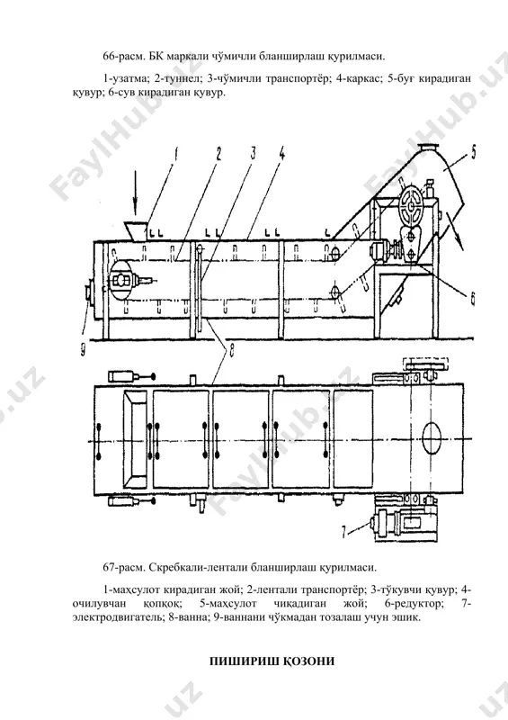 ko-250 маркали эмалланган пишириш қозонларидан фойдаланилади (69-расм). 69-расм. икки деворли пишириш қозони схемаси. буғ икки деворли пишириш қозонларда қозон девори ва буғ қобиғи орасидаги оралиққа юборилади. маҳсулотнинг бундай қиздирилиши қозон деворларига маҳсулотни ёпишиб куйишининг олди олинади. буғ бўшлиғидаги конденсат ва ҳаво буғ қобиққа ўрнатилган кран орқали чиқарилади. бу қозонлар манометр ва ҳимояловчи клапан билан жиҳозланган. иситиш аппаратлари озиқ-овқат саноатида маҳсулотларни иссиқлик таъсирида қайта ишлаш жараёнидан кенг фойдаланилади. бу нарса қуйидаги мақсадларда олиб борилади; 1) жараён ҳароратини берилган даражада ушлаб туриш; 2) совуқ маҳсулотни иситиш ёки иссиқ маҳсулотни совитиш; 3) эритмаларни қуюлтириш; 4) буғларни конденсациялаш ва бошқалар. бу жараёнлар алоҳида олинган иссиқлик алмашиниш аппаратларида ёки технологик аппаратнинг ўзида амалга оширилади. иссиқлик алмашиниш қурилмалари умуман олганда иккига бўлинади: иссиқлик алмашиниш аппаратларининг ўзи ва реакторлар. иссиқлик алмашиниш аппаратларида иссиқлик алмашиниш жараёни асосий жараён ҳисобланади. реакторларда эса физик-кимёвий жараёнлар асосий ҳисобланиб, иссиқлик алмашиниш эса ёрдамчи жараёндир. иссиқлик бериш усулларига кўра, иссиқлик алмашиниш аппаратлари қуйидагиларга …
