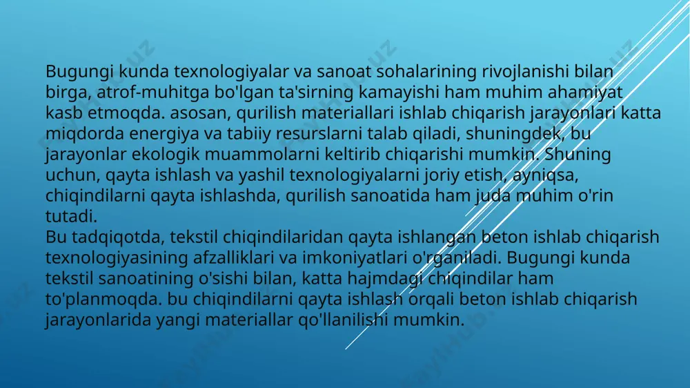 ning mustahkamligi: ba'zi hollarda qayta ishlangan materiallar betonning mexanik mustahkamligini pasaytirishi mumkin. xulosa tekstil chiqindilaridan qayta ishlangan beton ishlab chiqarish texnologiyasi qurilish sanoatida ekologik va iqtisodiy jihatdan samarali yechimlarni taqdim etadi. bu texnologiya yordamida atrof-muhitga bo'lgan ta'sirni kamaytirish, tabiiy resurslardan samarali foydalanish va chiqindilarni qayta ishlash imkoniyatlari yaratiladi. kelajakda bu texnologiyaning rivojlanishi va keng qo'llanilishi atrof-muhitni himoya qilish va barqaror rivojlanish uchun muhim ahamiyatga ega bo'lishi mumkin. foydalanilgan adabiyotlar 1.’’sanoat chiqindilari va ulardan foydalanish’’ yo’ldasheva m. 2. ’’sanoat chiqindilari asosida qurilish materiallari olish’’ 3.ziyouz.com image1.jpeg image2.jpeg image3.jpeg image4.jpeg /docprops/thumbnail.jpeg