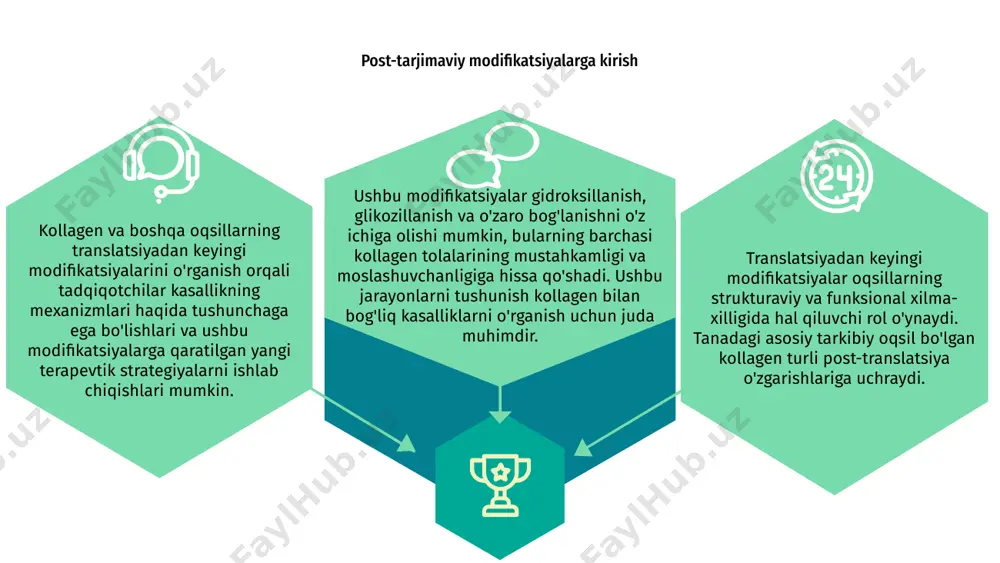 difikatsiyalar kollagenning tuzilishi va funktsiyasini tartibga solishda hal qiluvchi rol o'ynaydi, natijada biriktiruvchi to'qimalarning barqarorligi va moslashuvchanligiga ta'sir qiladi. kollagen oqsilining proteolitik bo'linishi turli fermentlar tomonidan katalizlanishi mumkin, bu noyob biologik xususiyatlarga ega bo'lgan turli kollagen fragmentlarining shakllanishiga olib keladi. kollagenning post-translational modifikatsiyalarida rivojlanayotgan tadqiqotlar translatsiyadan keyingi modifikatsiyalar kollagen oqsilining tuzilishi va funktsiyasini tartibga solishda hal qiluvchi rol o'ynaydi. matn rivojlanayotgan tadqiqotlar kollagen molekulalarida glikozillanish va fosforlanish kabi turli xil modifikatsiyalarni aniqladi. kollagen – gidrolizlangan o'ziga xos aminokislota profilidan kelib chiqqan holda, gidrolizlangan kollagenning ozuqaviy va funktsional xususiyatlari namoyish etildi, jumladan: og'irlikni nazorat qilish (doygunlik), osteoporoz va artrozni oldini olish va davolash, terining, sochlarning va tirnoqlarning sog'lig'i va go'zalligida. gidrolizlangan kollagen u asosan qoramol, baliq va cho'chqaning suyaklari, xaftaga va terisidan olinadi. gidroliz jarayonida taxminan 450 kda bo'lgan kollagen molekulasi o'rtacha 2 dan 5 kda gacha bo'lgan molekulyar og'irligi bo'lgan kichik peptidlarga bo'linadi. gidrolizlangan kollagendagi aminokislotalar kollagen bilan bir xil. …