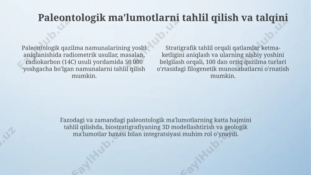 mkonini beradi. paleontologik qazishmalarni o‘tkazishda 3d skanerlash va fotogrammetriya texnologiyalari qo‘llanilib, 1000 dan ortiq suyak qoldiqlarini aniq va tezkor qayta tiklash imkonini beradi. o'simliklar paleontologiyasi angiospermlarning (gulli oʻsimliklar) paleontologik rekordlari taxminan 130 million yil avval kretase davriga toʻgʻri keladi, ularning tez evolyutsiyasi va tarqalishi bioxilma-xillikni sezilarli darajada oshirgan. oʻsimlik qoldiqlarining paleontologik tahlili, masalan, polen va sporalarning mikroskopik oʻrganilishi, qadimiy muhitlarni va iqlim sharoitlarini aniqlashga yordam beradi. oʻsimliklar paleontologiyasi yura davri (252-66 million yil avval) flora koʻpligi bilan ajralib turadi, jumladan, gigant paporotniklar va ignabarglilarning keng tarqalishi kuzatilgan. umurtqali hayvonlar paleontologiyasi sutemizuvchilarning evolyutsiyasi bo‘yicha tadqiqotlar, umurtqali hayvonlar paleontologiyasining muhim qismidir, bu sohada 100 dan ortiq turdagi yo‘q bo‘lib ketgan turlar aniqlangan. umurtqali hayvonlar paleontologiyasi, stratigrafiyaga tayanib, qazilma topilmalarni 5 ta asosiy davrga bo‘lib o‘rganadi va yer yuzida hayotning rivojlanishini qayta tiklashga yordam beradi. umurtqali hayvonlar paleontologiyasi, taxminan 300 million yildan ortiq davrni o‘z ichiga olgan, turli xil suyak va qoldiqlarni o‘rganish …