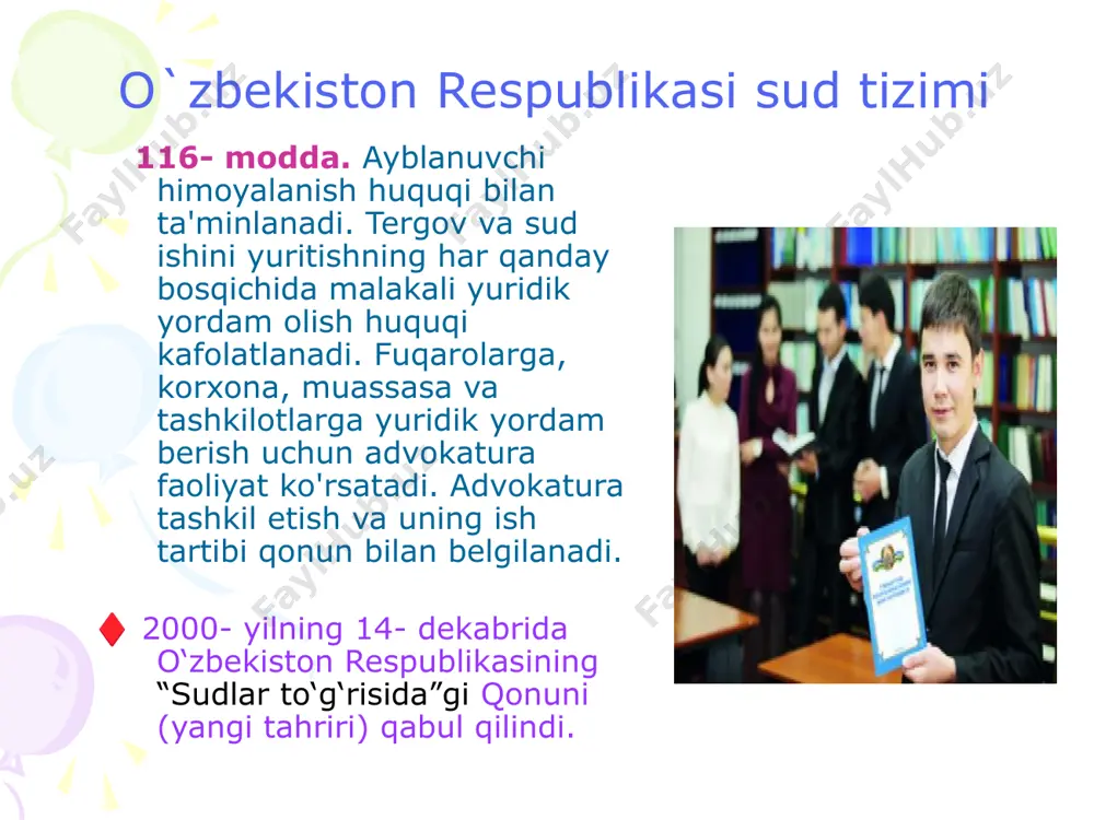 g mustaqilligi davlat tomonidan kafolatlanishi, konstitutsiya va qonunlarda belgilab qo'yilishi bmt tomonidan qabul qilingan "sud idoralarining mustaqilligiga oid asosiy tamoyillar" nomli xalqaro huquqiy hujjatda ham o'z ifodasini topgan. o`zbеkistоn rеspublikаsining kоnstitutsiyaviy sudi qоnun vа ijrо hоkimiyati аktlаrining kоnstitutsiyaviyligini ko`rib chiqаdigаn sud hоkimiyati оrgаnidir. rаis o`rinbоsаri: mirbоbоyеv bаhtiyor shаmsutdinоvich image1.jpeg image2.jpeg image3.jpeg image4.jpeg image5.jpeg huquq va burch1.p65 /docprops/thumbnail.jpeg