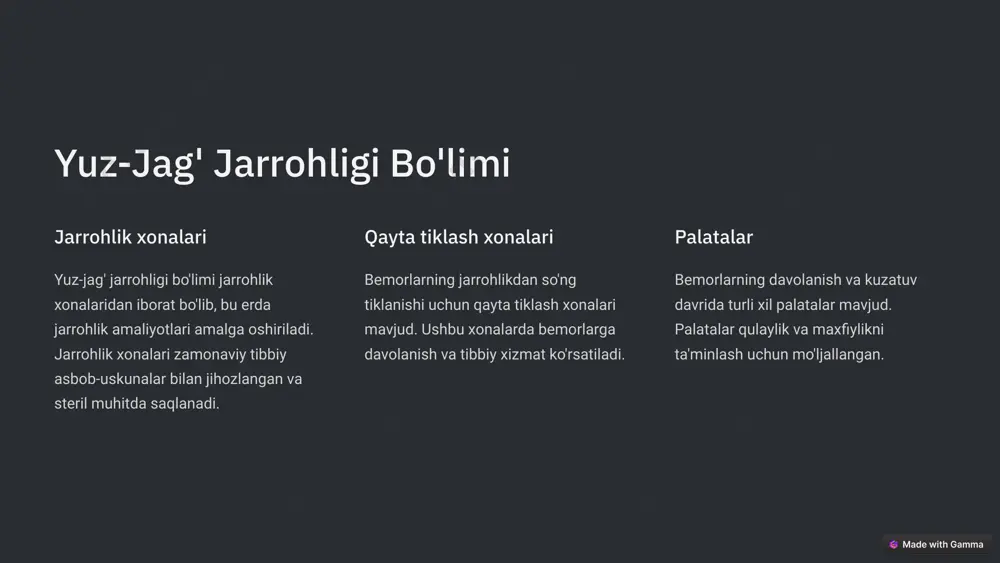 arni parvarish qilish infektsiyani oldini olish shikastlangan bemorlarni parvarish qilishda infektsiyani oldini olish juda muhim. buning uchun bemorlarga antiseptik vositalar bilan tozalash va tegishli antibiotiklar buyuriladi. og'riqni boshqarish shikastlangan bemorlarning og'riqlarini boshqarish uchun og'riq qoldiruvchi dorilar buyuriladi. og'riqni boshqarish bemorning tiklanishiga yordam beradi. to'g'ri ovqatlanish to'g'ri ovqatlanish bemorning tiklanishiga ijobiy ta'sir ko'rsatadi. shikastlangan bemorlarga oqsil, vitamin va minerallarga boy ovqatlanish tavsiya etiladi. 5 yuz-jag' so'hasi shikastlangan bemorlar 1 tashxis shikastlangan bemorlarni tekshirishda tashxis qo'yish muhim ahamiyatga ega. 2 stabilizatsiya shikastlangan bemorlarni davolash jarayoni shikastlanishni barqarorlashtirishdan boshlanadi. 3 jarrohlik zarur bo'lganda, shikastlangan bemorlarga jarrohlik amaliyoti o'tkaziladi. 4 rehabilitatsiya jarrohlikdan so'ng, bemorlarga rehabilitatsiya mashqlari buyuriladi. 5 qayta tiklash rehabilitatsiya jarayoni davomida bemorlarning funksiyasi qayta tiklanadi. 6 yuz-jag' jarrohligi xususiyatlari noziklik yuz-jag' jarrohligi yuqori darajada noziklikni talab qiladi. jarrohlik amaliyotlari juda ehtiyotkorlik bilan bajarilishi kerak. funksionallik yuz-jag' jarrohligida bemorning funksiyasini tiklash muhim. bu, masalan, ovqatlanish, gapirish va nafas olishni o'z ichiga oladi. estetika …